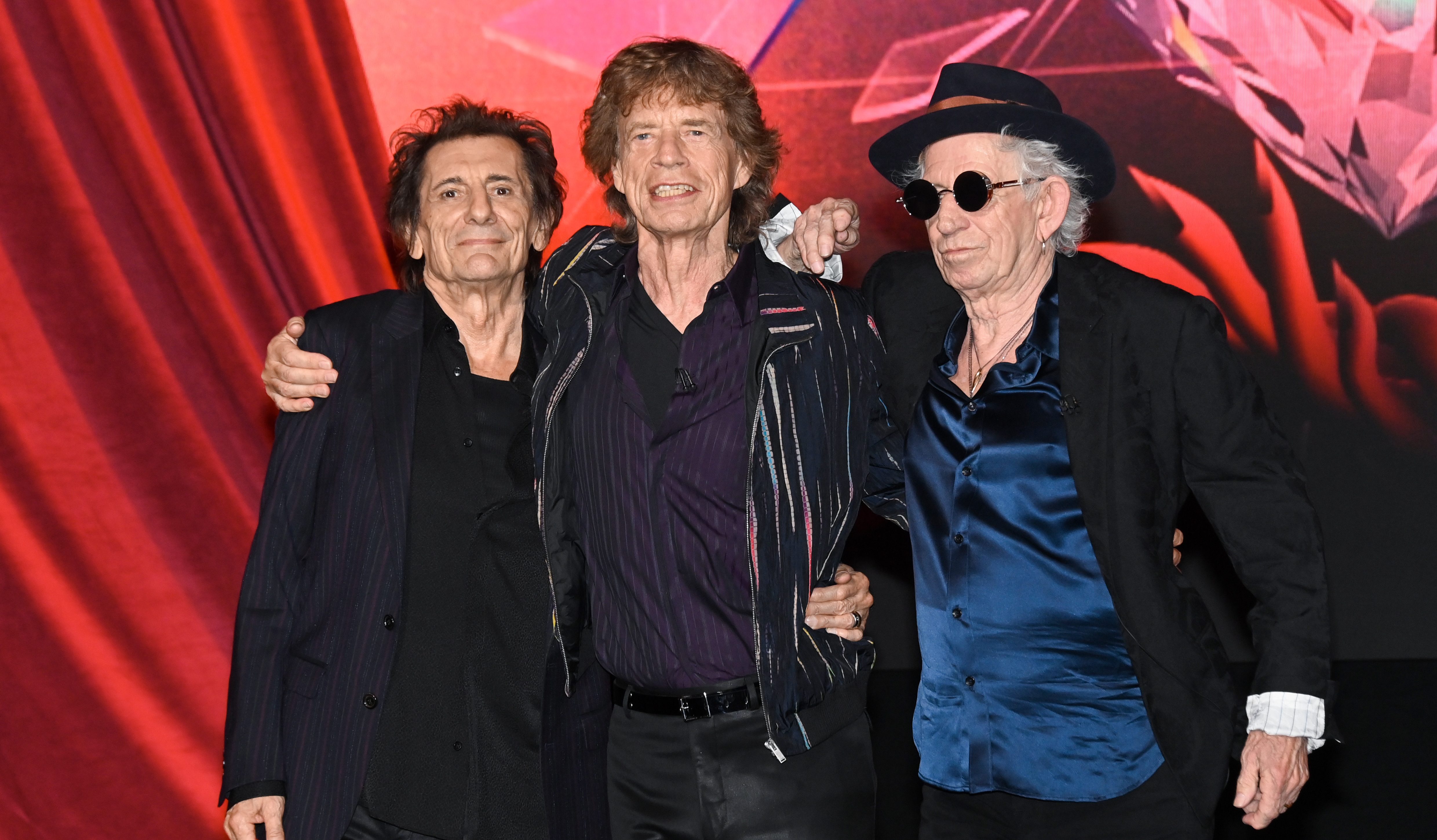 LONDON, ENGLAND - SEPTEMBER 06: Ronnie Wood, Mick Jagger and Keith Richards pose for photographs during the Rolling Stones "Hackney Diamonds" press conference at Hackney Empire on September 06, 2023 in London, England. (Photo by Stuart C. Wilson/Getty Images)