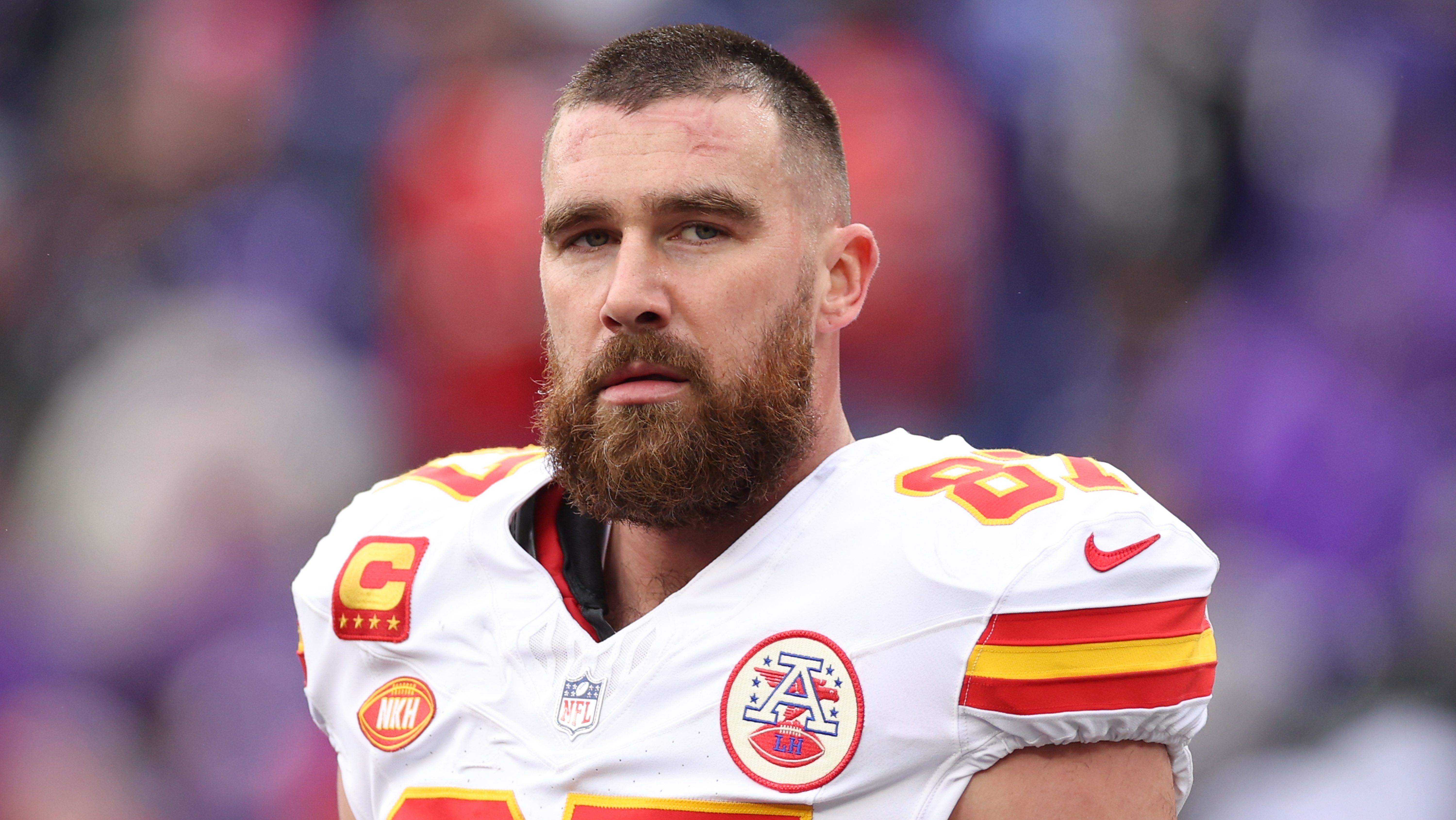 BALTIMORE, MARYLAND - JANUARY 28: Travis Kelce #87 of the Kansas City Chiefs looks on prior to the AFC Championship Game against the Baltimore Ravens at M&T Bank Stadium on January 28, 2024 in Baltimore, Maryland. (Photo by Patrick Smith/Getty Images)