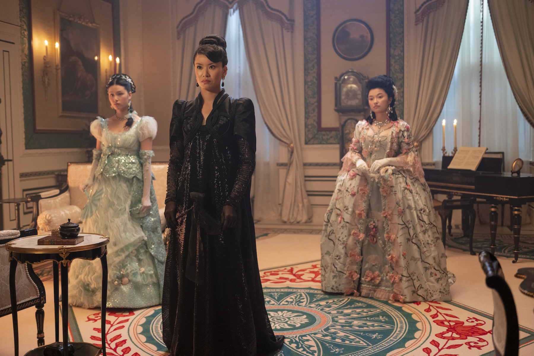 Bridgerton. (L to R) Isabella Wei as Posy Li, Katie Leung as Lady Araminta Gao, Michelle Mao as Rosamund Li in episode 401 of Bridgerton. Cr. Liam Daniel/Netflix © 2025