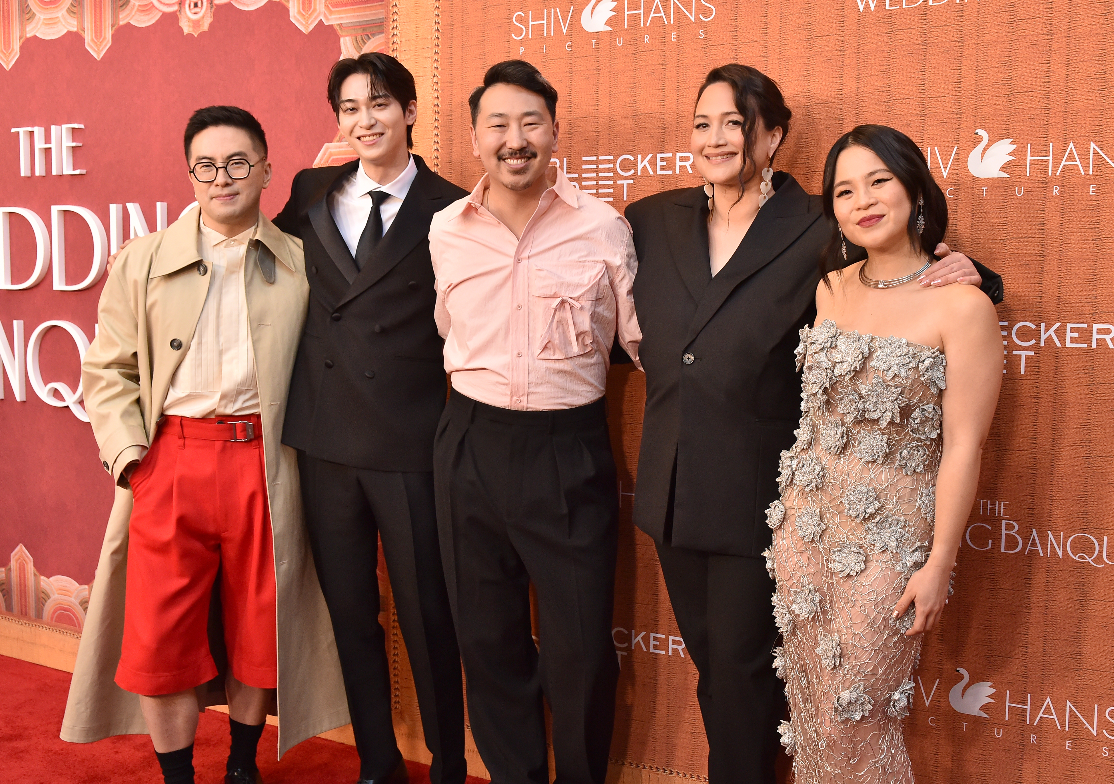 Bowen Yang, Han Gi-chan, Andrew Ahn, Lily Gladstone, Kelly Marie Tran at "The Wedding Banquet" Los Angeles Premiere on April 14, 2025 in Los Angeles, California.