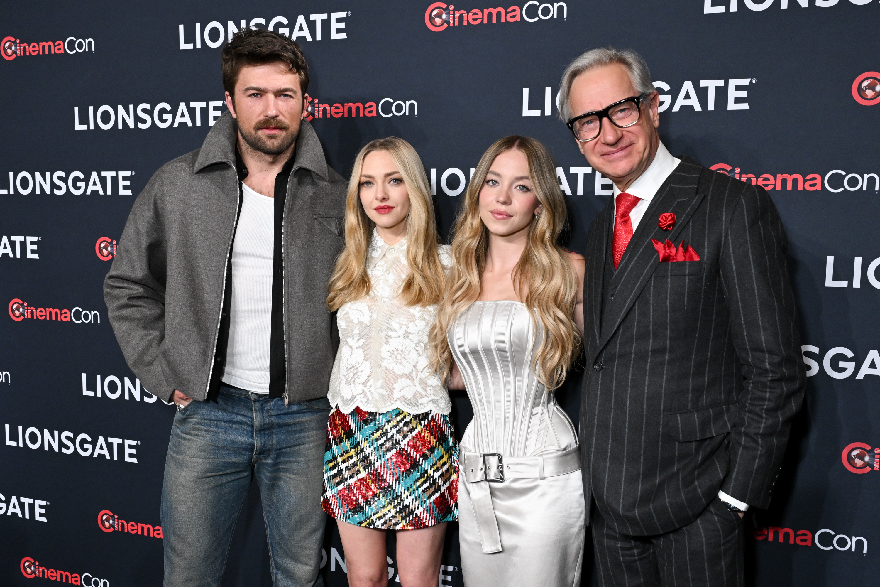 Brandon Sklenar, Amanda Seyfried, Sydney Sweeney, Paul Feig at the "State of the Industry" and Lionsgate Presentation as part of CinemaCon 2025 held at The Colosseum on April 01, 2025 in Las Vegas, Nevada.