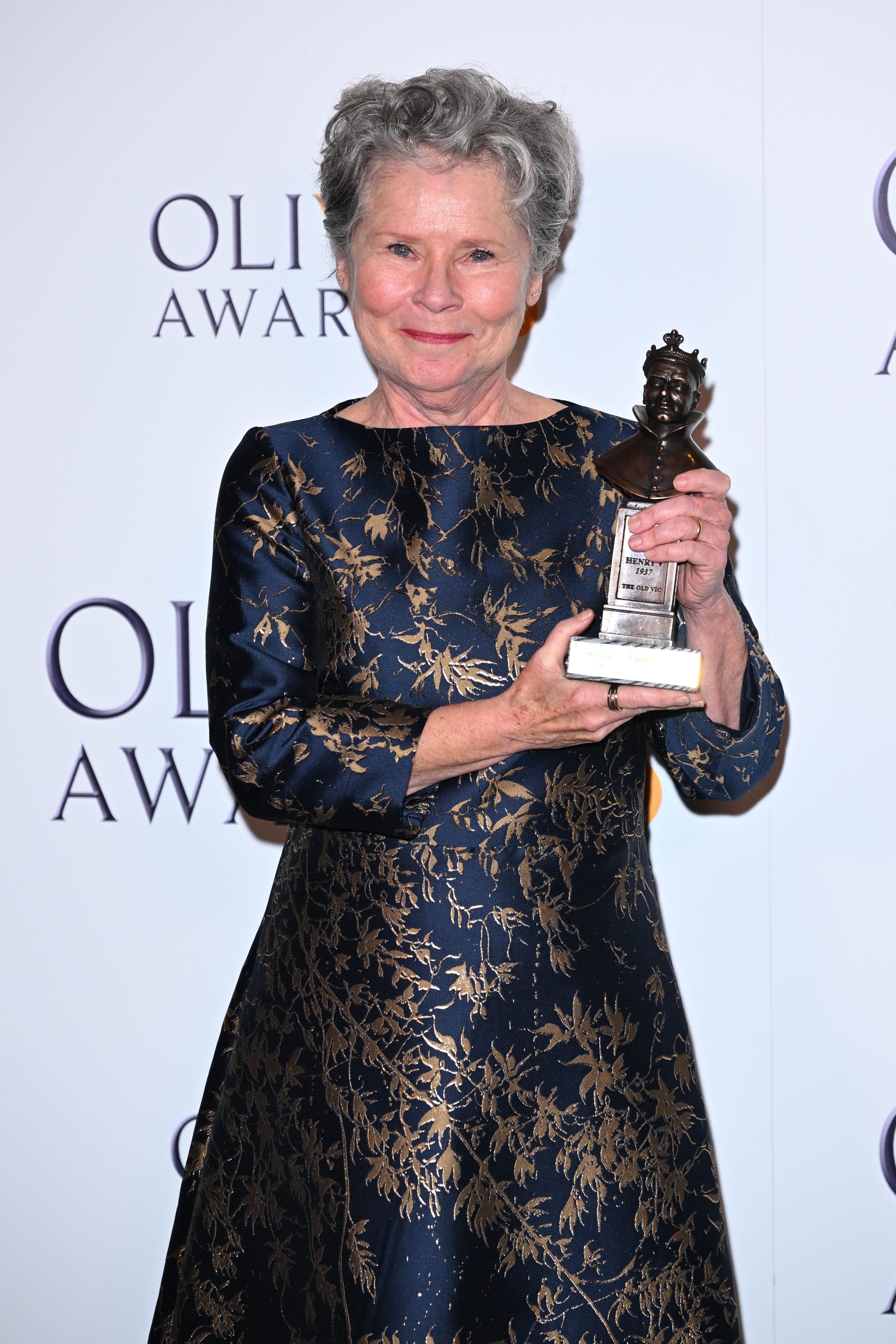 LONDON, ENGLAND - APRIL 06: Imelda Staunton, winner of the Best Actress in a Musical award for "Hello Dolly!", poses in the Winners Room at The Olivier Awards 2025 at The Royal Albert Hall on April 06, 2025 in London, England. (Photo by Kate Green/Getty Images)