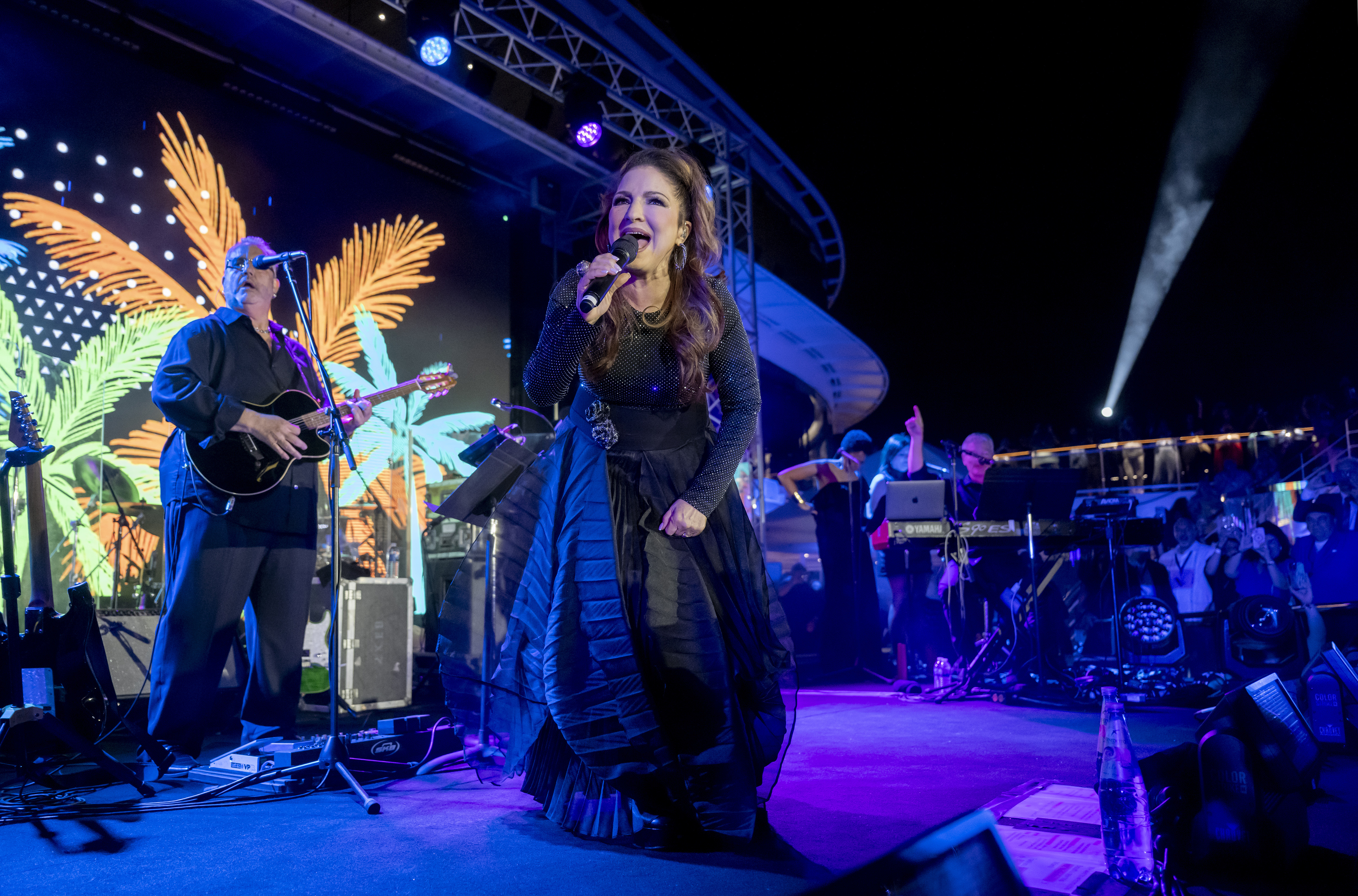 MIAMI, FLORIDA - APRIL 09: Gloria Estefan performs following the MSC World America Naming Ceremony onboard MSC Cruises' new ship in Miami on April 09, 2025 in Miami, Florida. (Photo by Anthony Devlin/Getty Images for MSC World America)