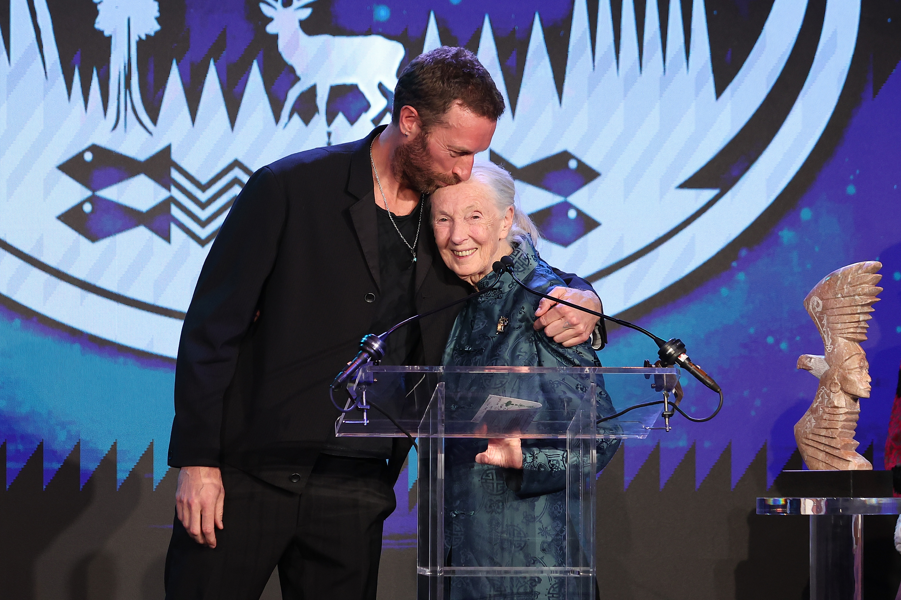 Chris Martin, Jane Goodall at Sierra Club’s Trail Blazers Ball held at the Skirball Cultural Center on April 02, 2025 in Los Angeles, California.