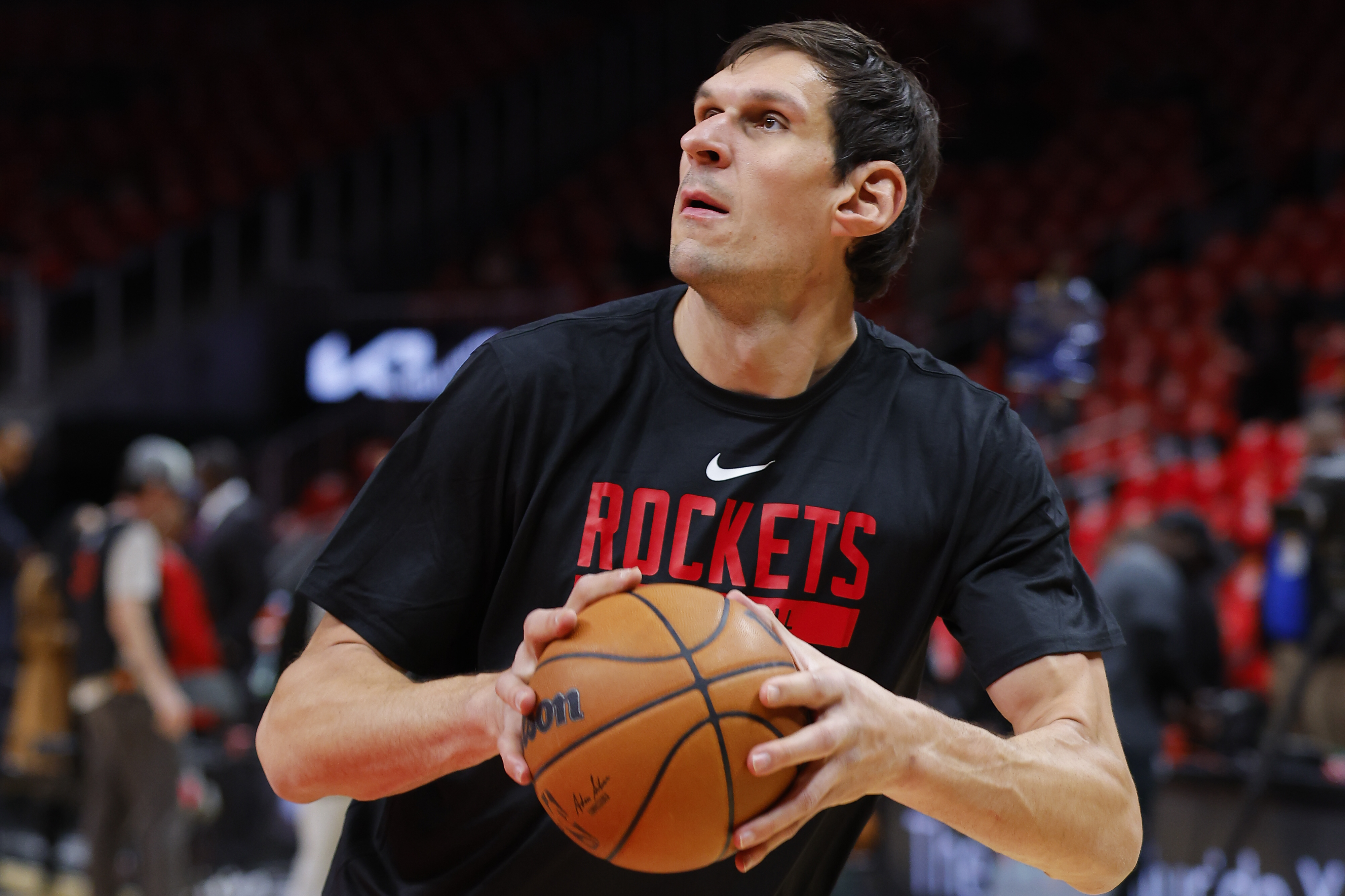 ATLANTA, GA - OCTOBER 19: Boban Marjanovic #51 of the Houston Rockets warms up prior to the game against the Atlanta Hawks at State Farm Arena on October 19, 2022 in Atlanta, Georgia. NOTE TO USER: User expressly acknowledges and agrees that, by downloading and or using this photograph, User is consenting to the terms and conditions of the Getty Images License Agreement. (Photo by Todd Kirkland/Getty Images)