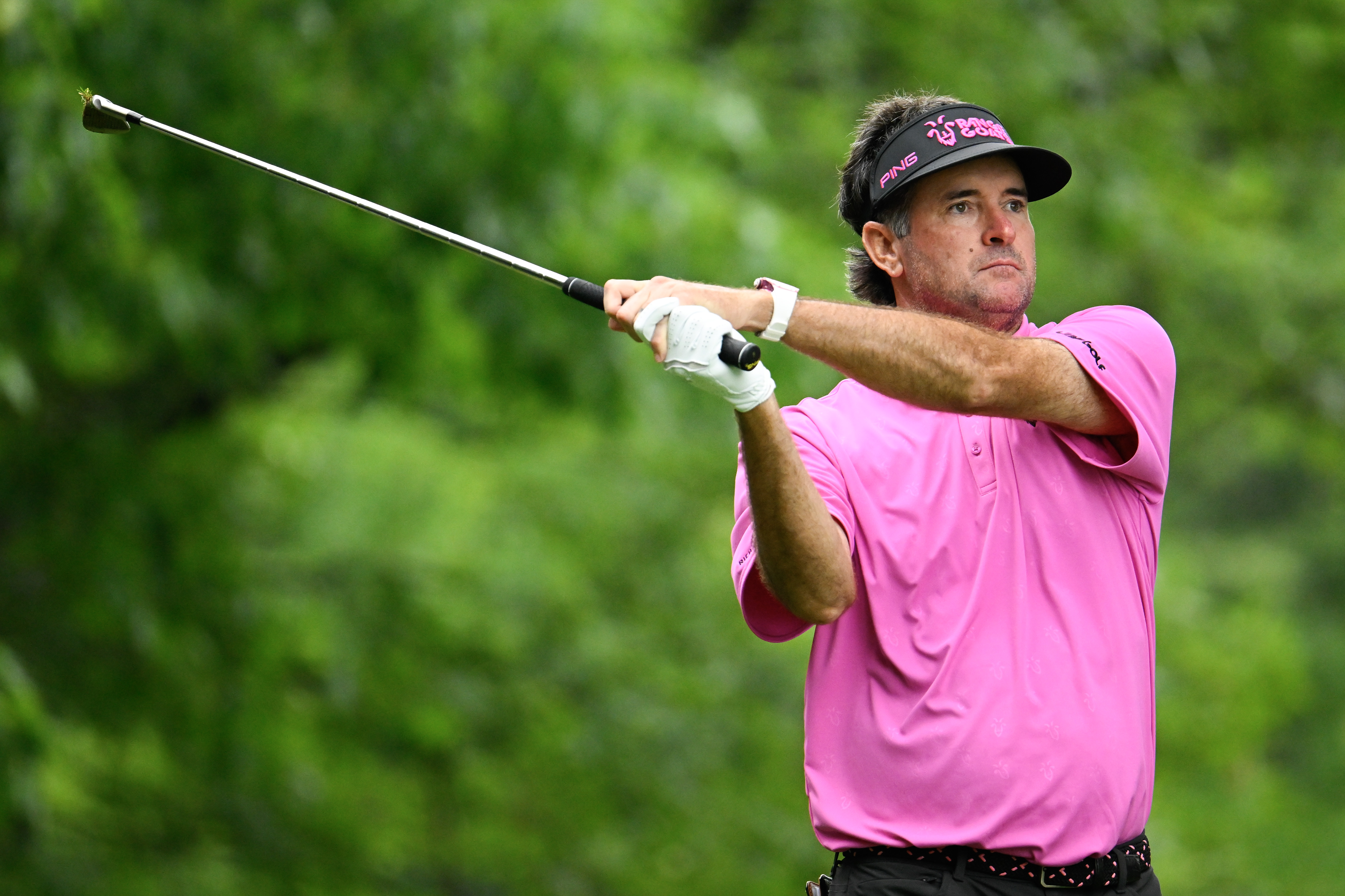 GAINESVILLE, VIRGINIA - JUNE 08: Bubba Watson of RangeGoats GC tees off at the ninth hole on day three of LIV Golf Virginia at Robert Trent Jones Golf Club on June 08, 2025 in Gainesville, Virginia. (Photo by Alex Goodlett/Getty Images)