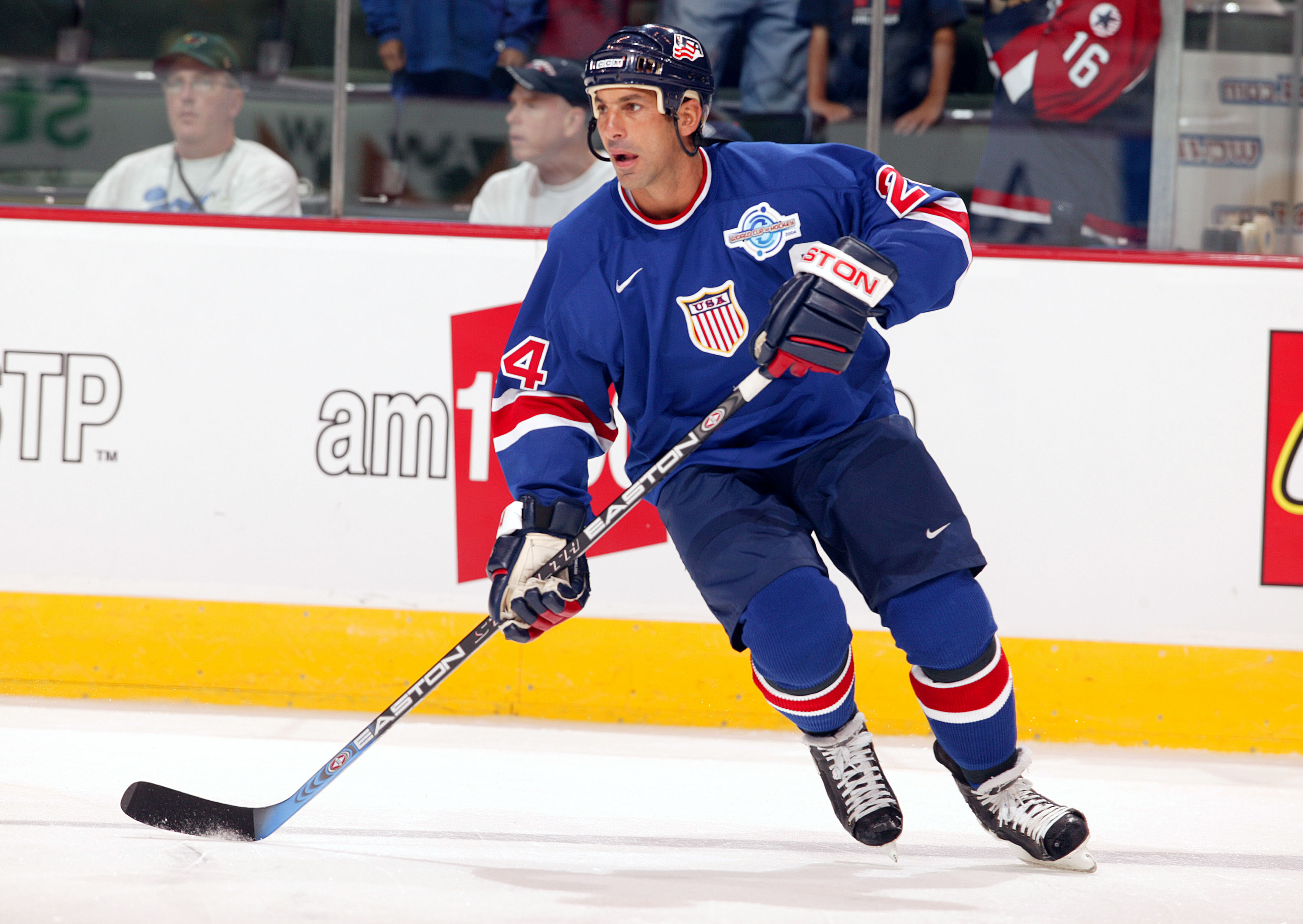ST. PAUL, MN - SEPTEMBER 2:  Chris Chelios #24 of Team USA skates against Team Russia during the World Cup of Hockey on September 2, 2004 at the Xcel Center in St.Paul, Minnesota.  Russia defeated the USA 3-1. (Photo by Jeff Vinnick/Getty Images)