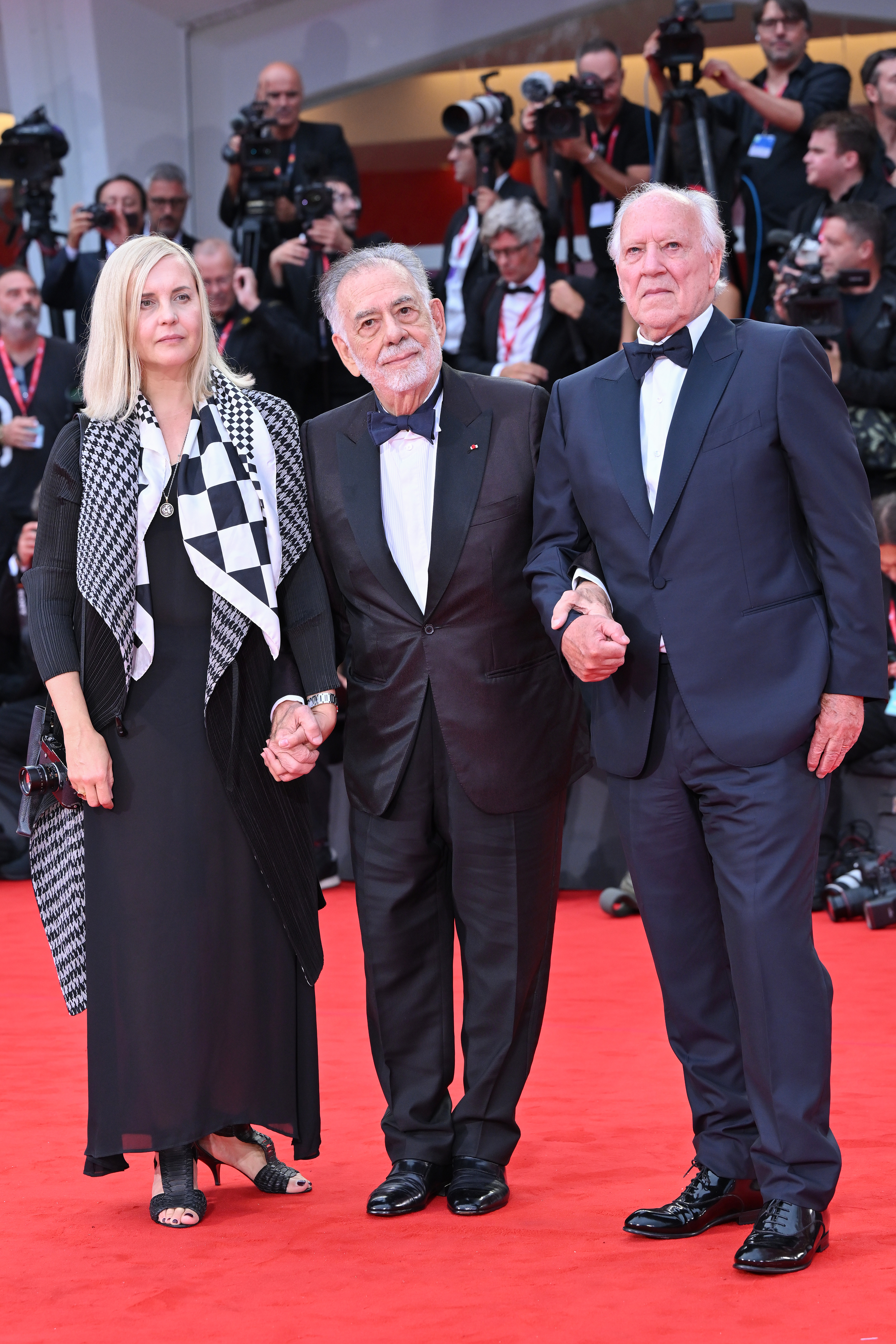 VENICE, ITALY - AUGUST 27: Lena Herzog, Francis Ford Coppola and Werner Herzog  attends the "La Grazia" red carpet during the 82nd Venice International Film Festival on August 27, 2025 in Venice, Italy. (Photo by Dominique Charriau/WireImage)