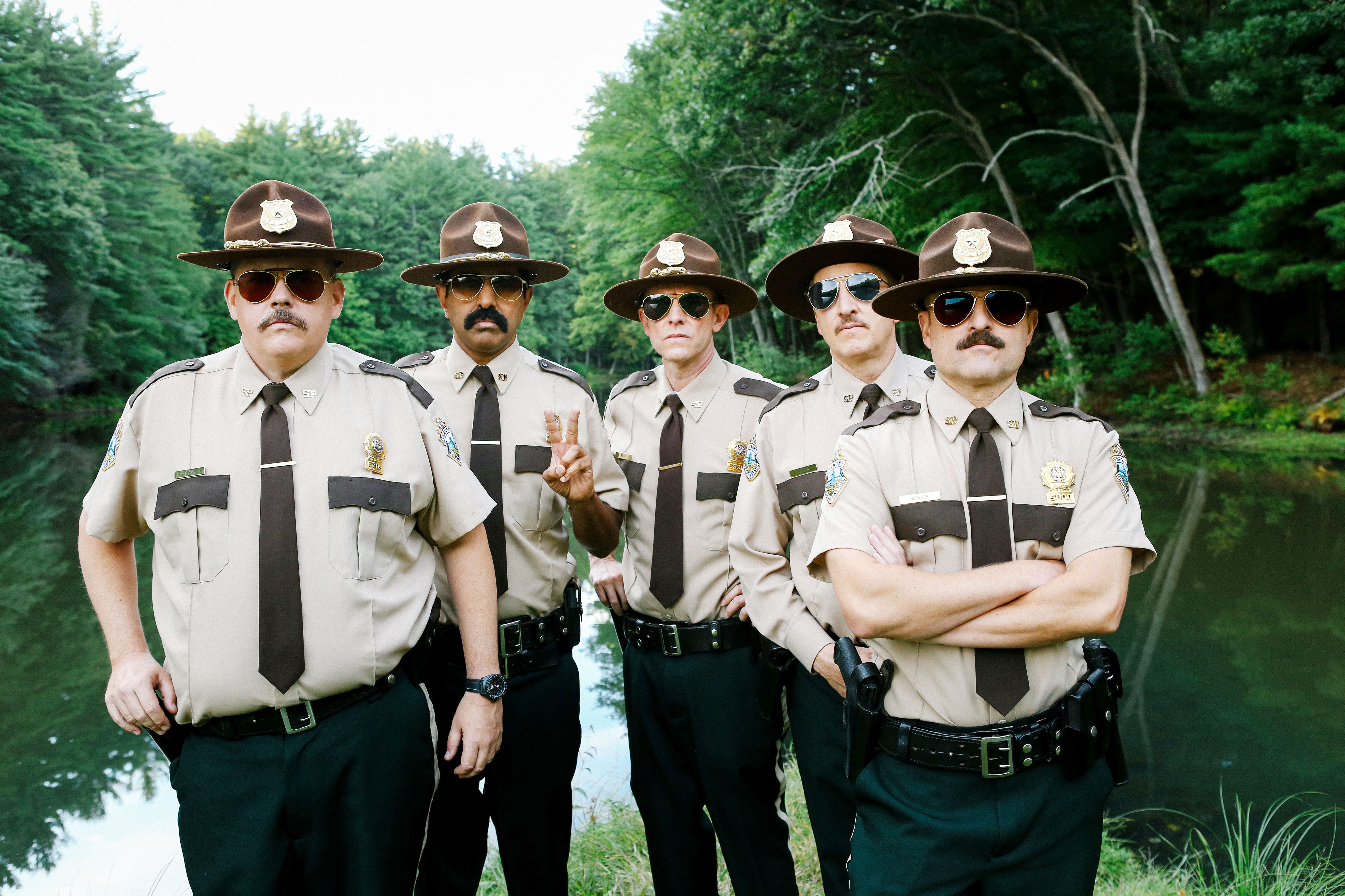 SUPER TROOPERS 2, from left, Kevin Heffernan, Jay Chandrasekhar, Erik Stolhanske, Paul Soter, Steve Lemme, 2018. ph: Jon Pack. TM & copyright ©Fox Searchlight Pictures. All rights reserved/courtesy Everett Collection