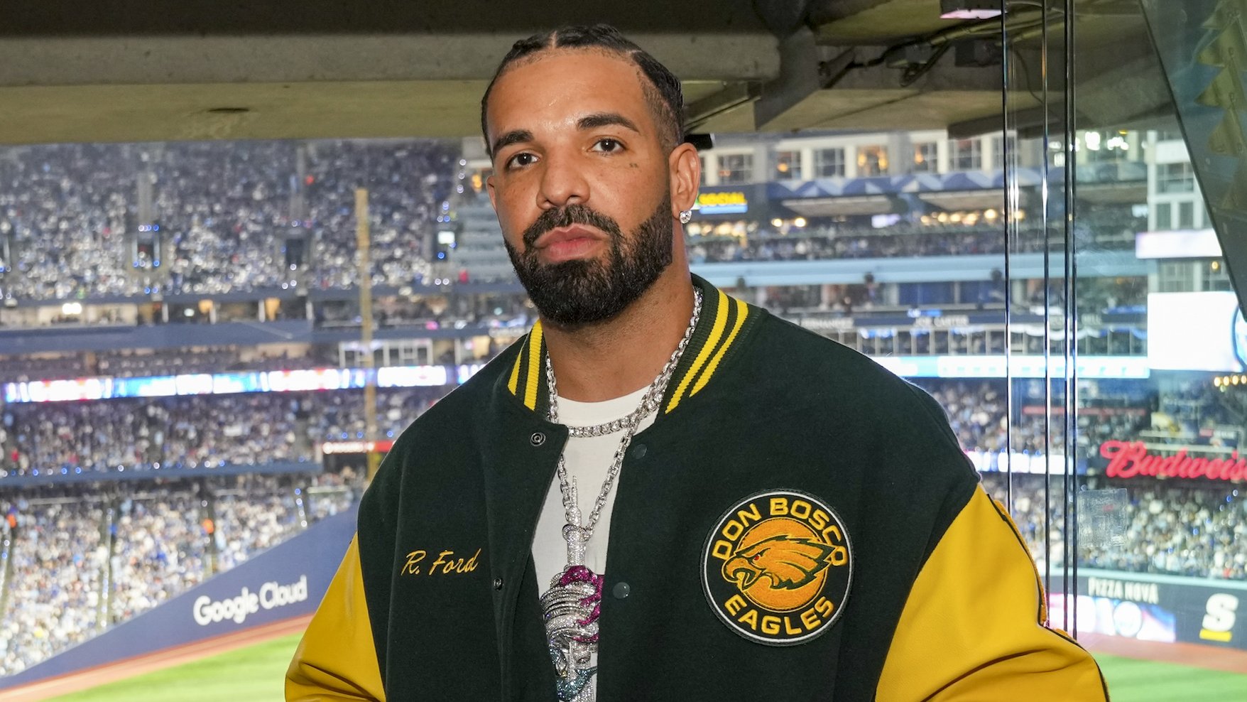 TORONTO, ON - OCTOBER 24: Drake poses for a photo in the suite during Game One of the 2025 World Series presented by Capital One between the Los Angeles Dodgers and the Toronto Blue Jays at Rogers Centre on Friday, October 24, 2025 in Toronto, Ontario, Canada. (Photo by Campbell Dunn/MLB Photos via Getty Images)