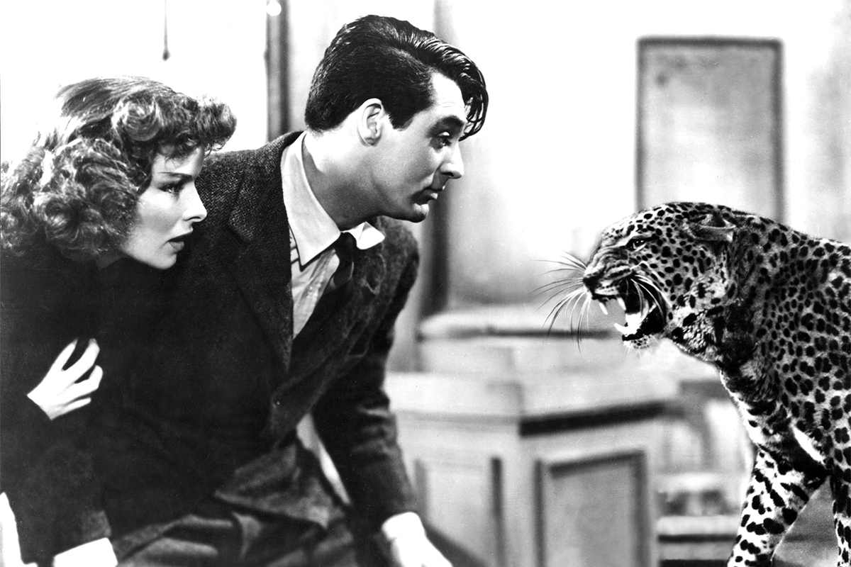 BRINGING UP BABY, Katharine Hepburn, Cary Grant, Baby the Leopard, 1938.