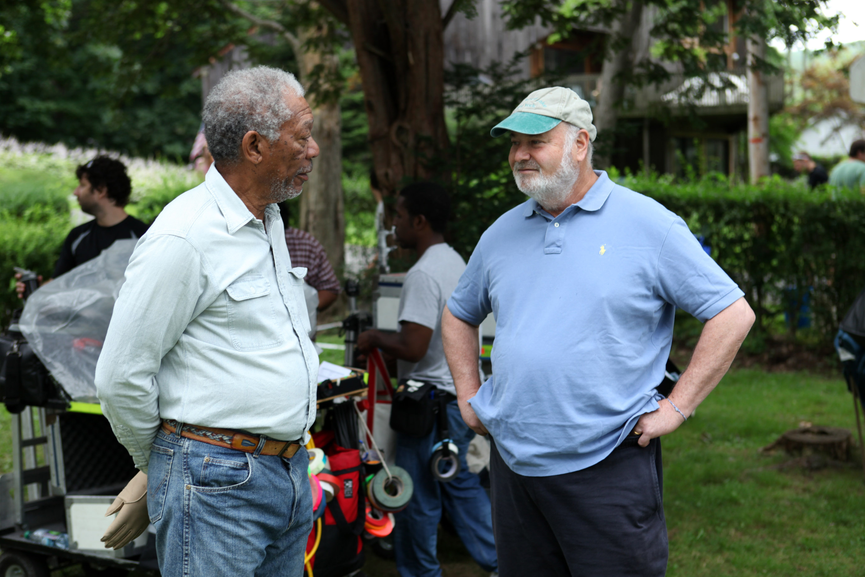 THE MAGIC OF BELLE ISLE, from left: Morgan Freeman, director Rob Reiner on set, 2012, © Magnolia Pictures/courtesy Everett Collection