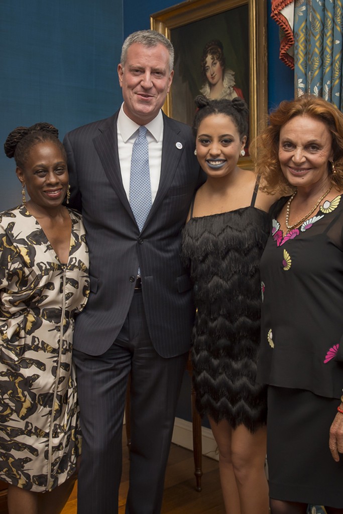 Mayor Bill de Blasio with his wife Chirlane McCray, his daughter Chiara and Diane von Furstenberg at Gracie Mansion.