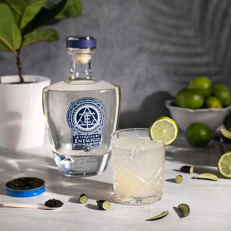 Enemigo Tequila being served with caviar.