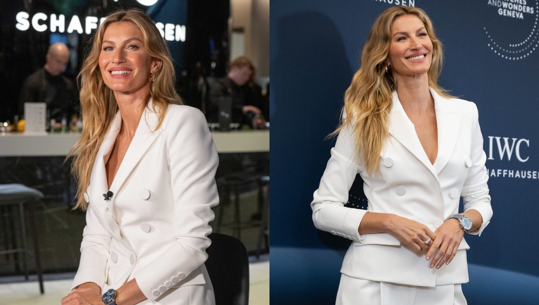 Gisele Bündchen joins IWC Schaffhausen at Watches and Wonders on April 9 in Geneva, Switzerland, celebrity style, suiting