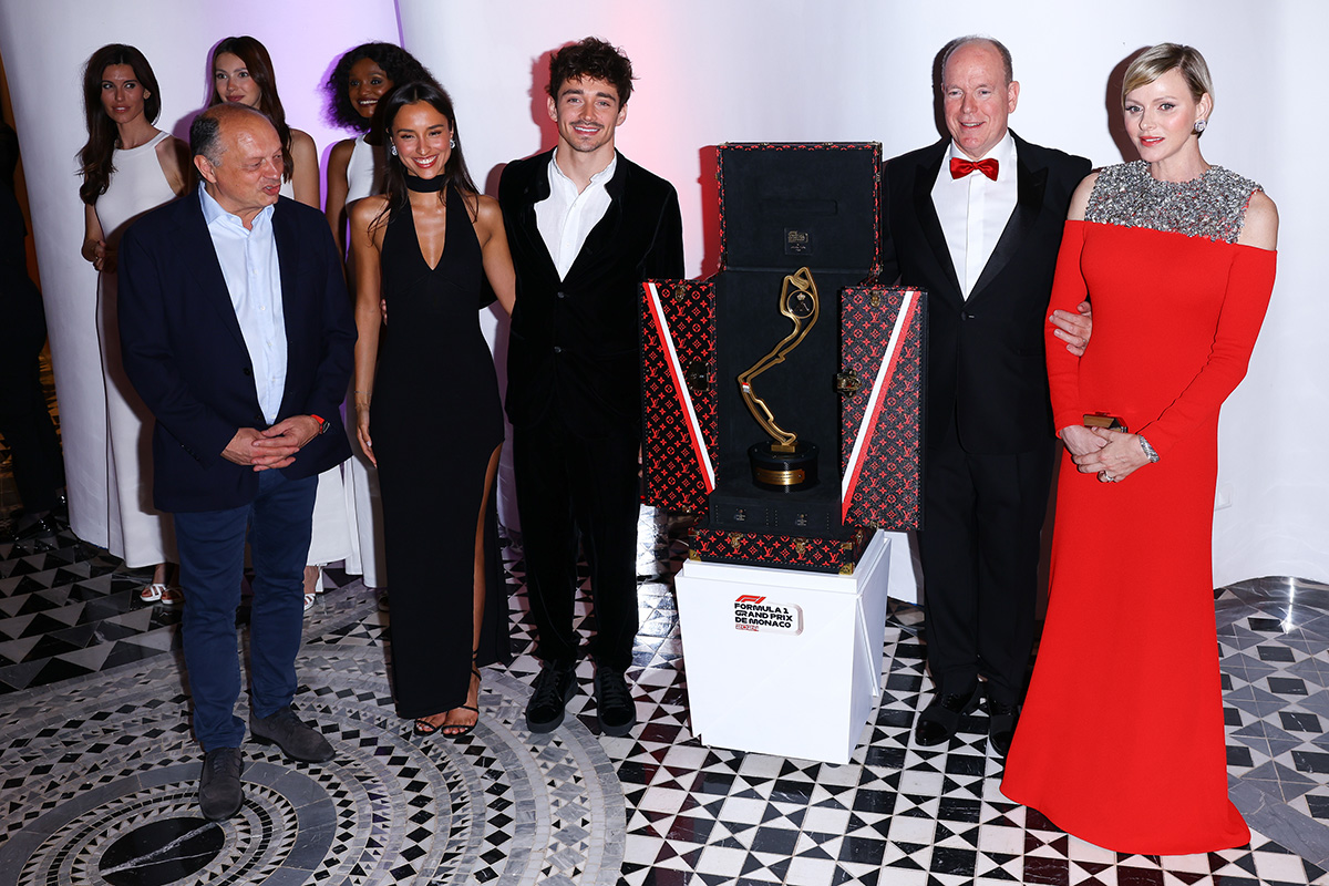 MONACO, MONACO - MAY 26: (EDITOR'S NOTE : NO TABLOIDS WEB & PRINT, NO DAILY MAIL, NO DAILY MAIL GROUP, NO BILD, NO CHI, NO VOICI, NO CLOSER) Ferrari Team Principal Frederic Vasseur, Alexandra Saint Mleux, Race Winner Charles Leclerc of Monaco and Ferrari, Prince Albert II of Monaco and Princess Charlene of Monaco attends the Gala Dinner For The F1 Grand Prix Of Monaco on May 26, 2024 in Monaco, Monaco. (Photo by Marc Piasecki/Getty Images)