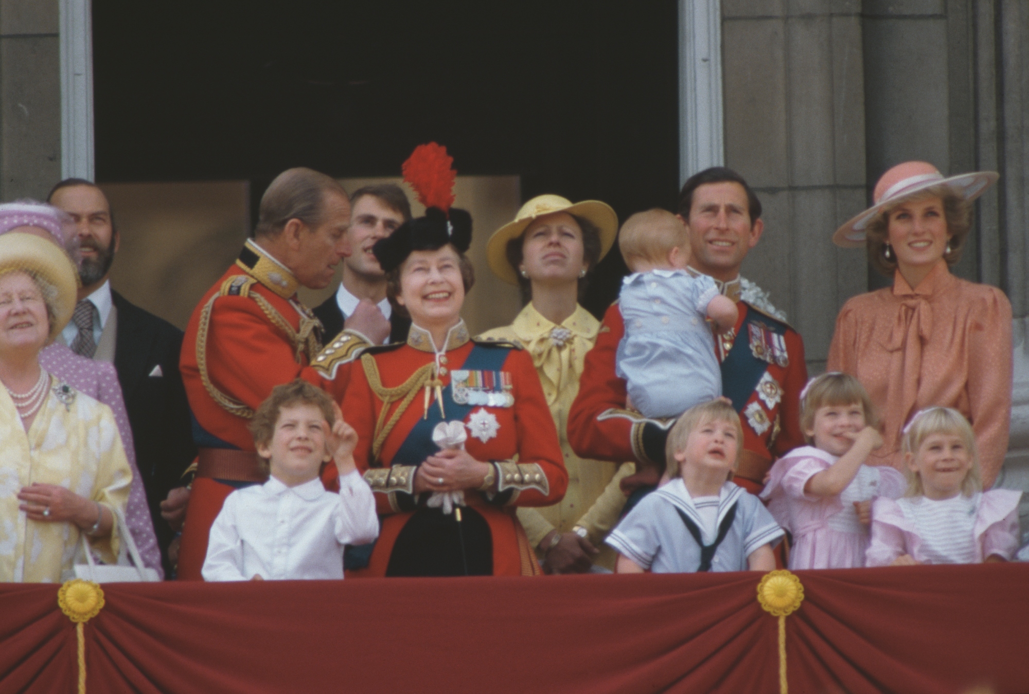 The royal family on the balcony of Buckingham Palace in London, during the Trooping the Colour ceremony, June 1985. Diana, Princess of Wales (1961 - 1997) is wearing a dress by Jan Van Velden. (Photo by Jayne Fincher/Princess Diana Archive/Getty Images)