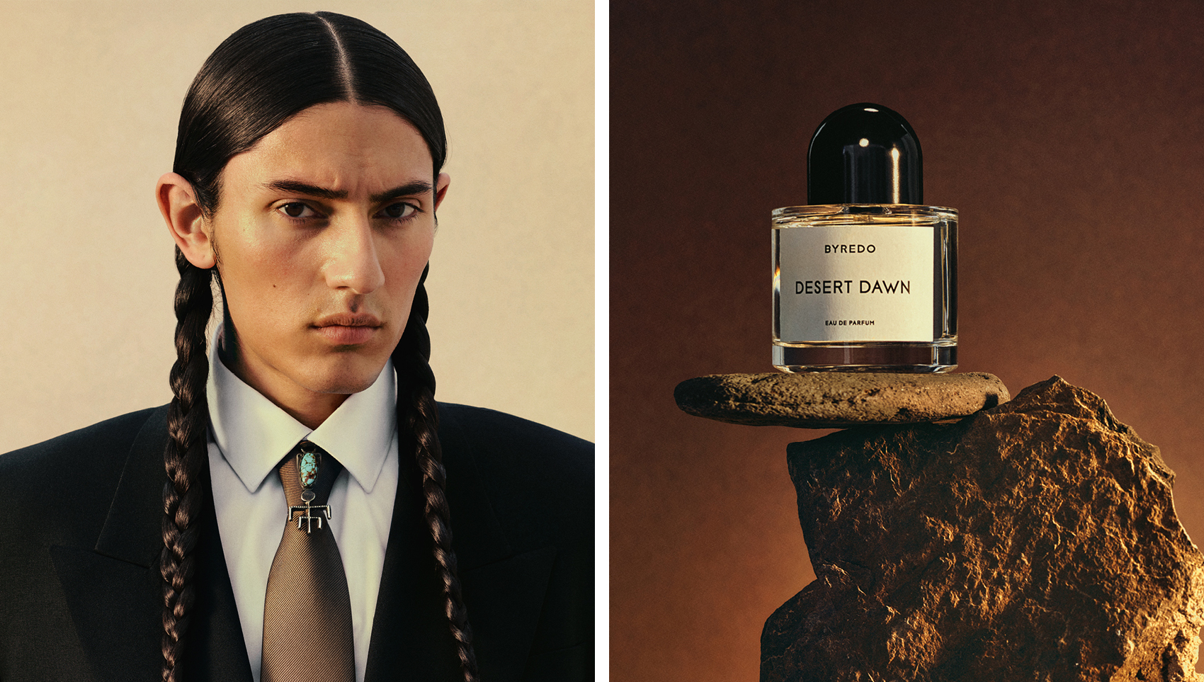 Indigenous Model Cherokee Jack for Byredo's Desert Dawn fragrance campaign.