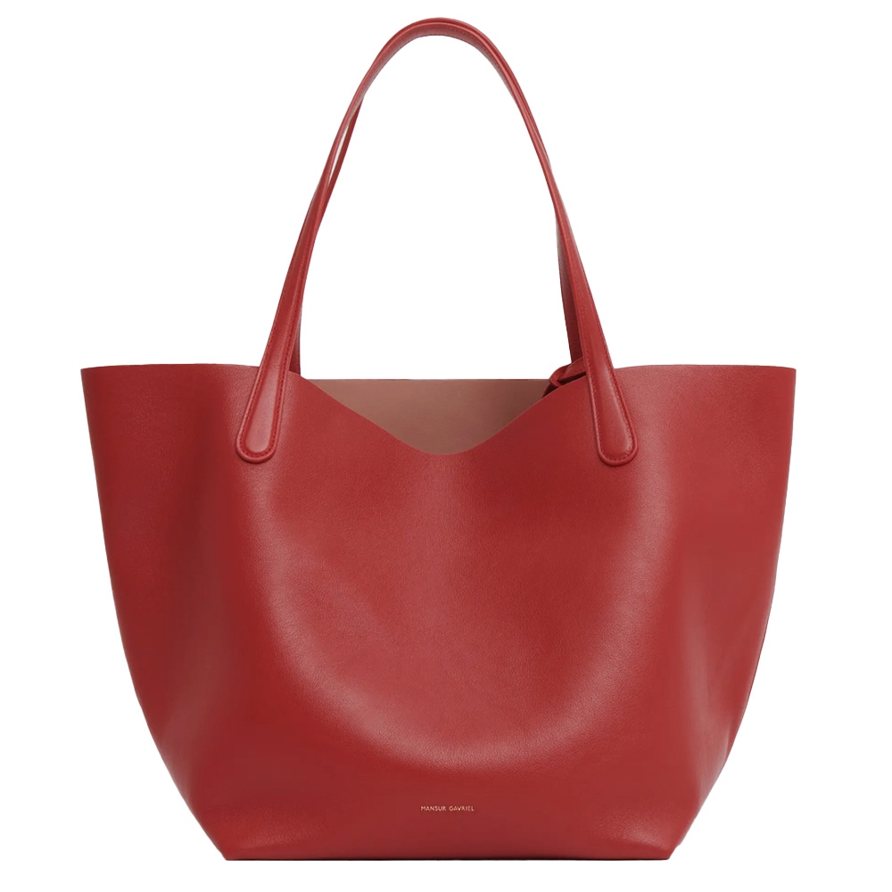 red leather tote bag