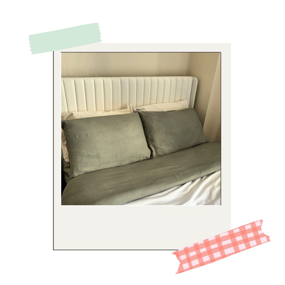 quince bedsheets in eucalyptus color on bed