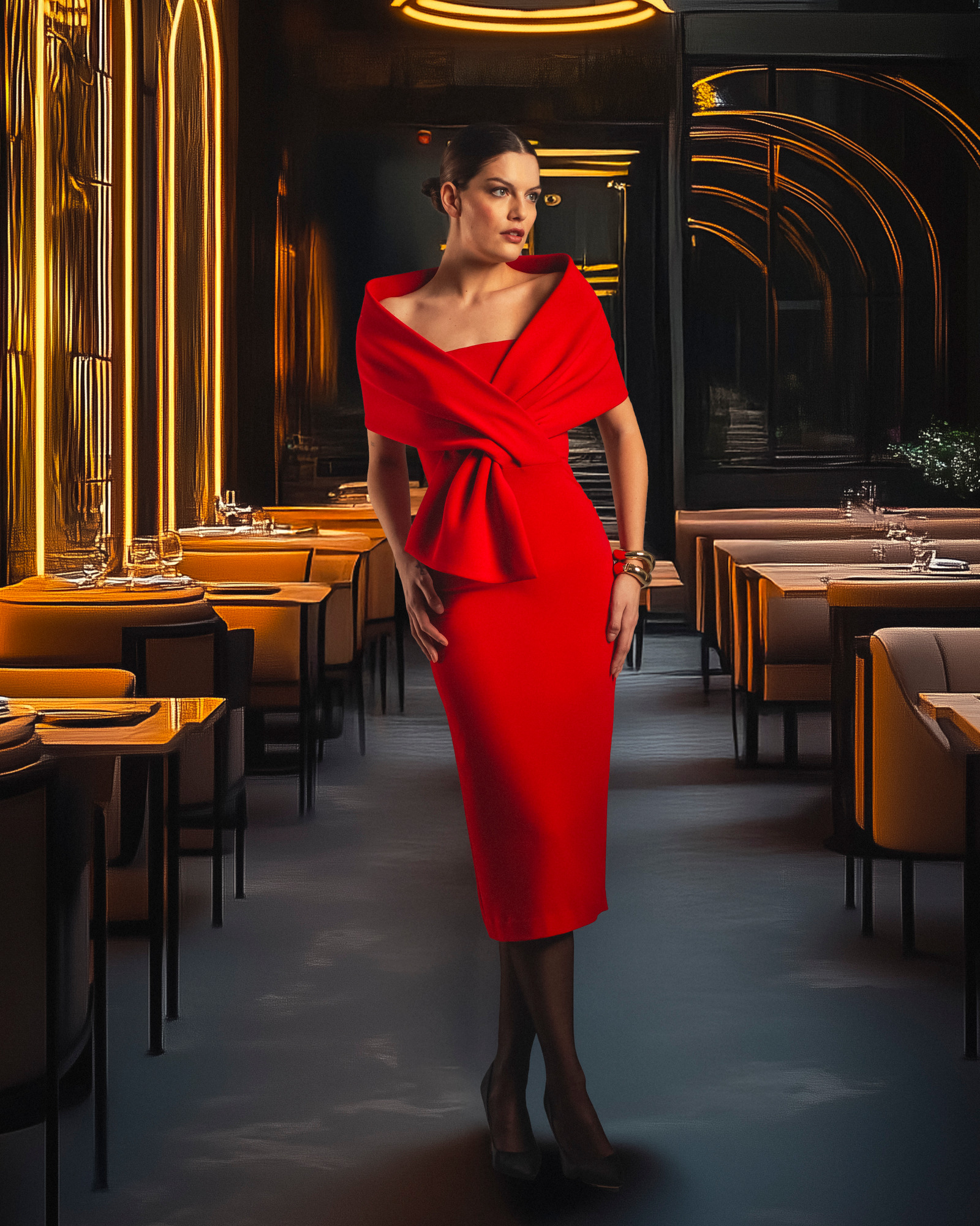 model in red dress from Badgley Mischka Fall 2025 Ready-to-Wear Collection at New York Fashion Week
