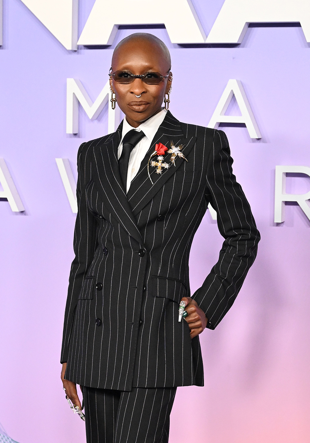 Cynthia Erivo at the 2025 NAACP Image Awards on Feb. 22 in Los Angeles, Dolce & Gabbana, pinstripe suit, red carpet, Tiffany & Co.