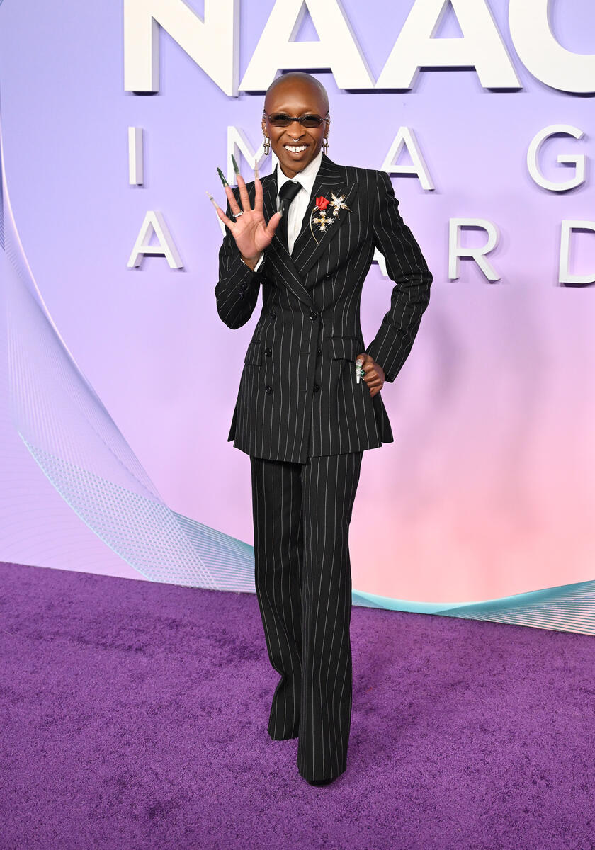 Cynthia Erivo at the 2025 NAACP Image Awards on Feb. 22 in Los Angeles, Dolce & Gabbana, pinstripe suit, red carpet, Tiffany & Co.