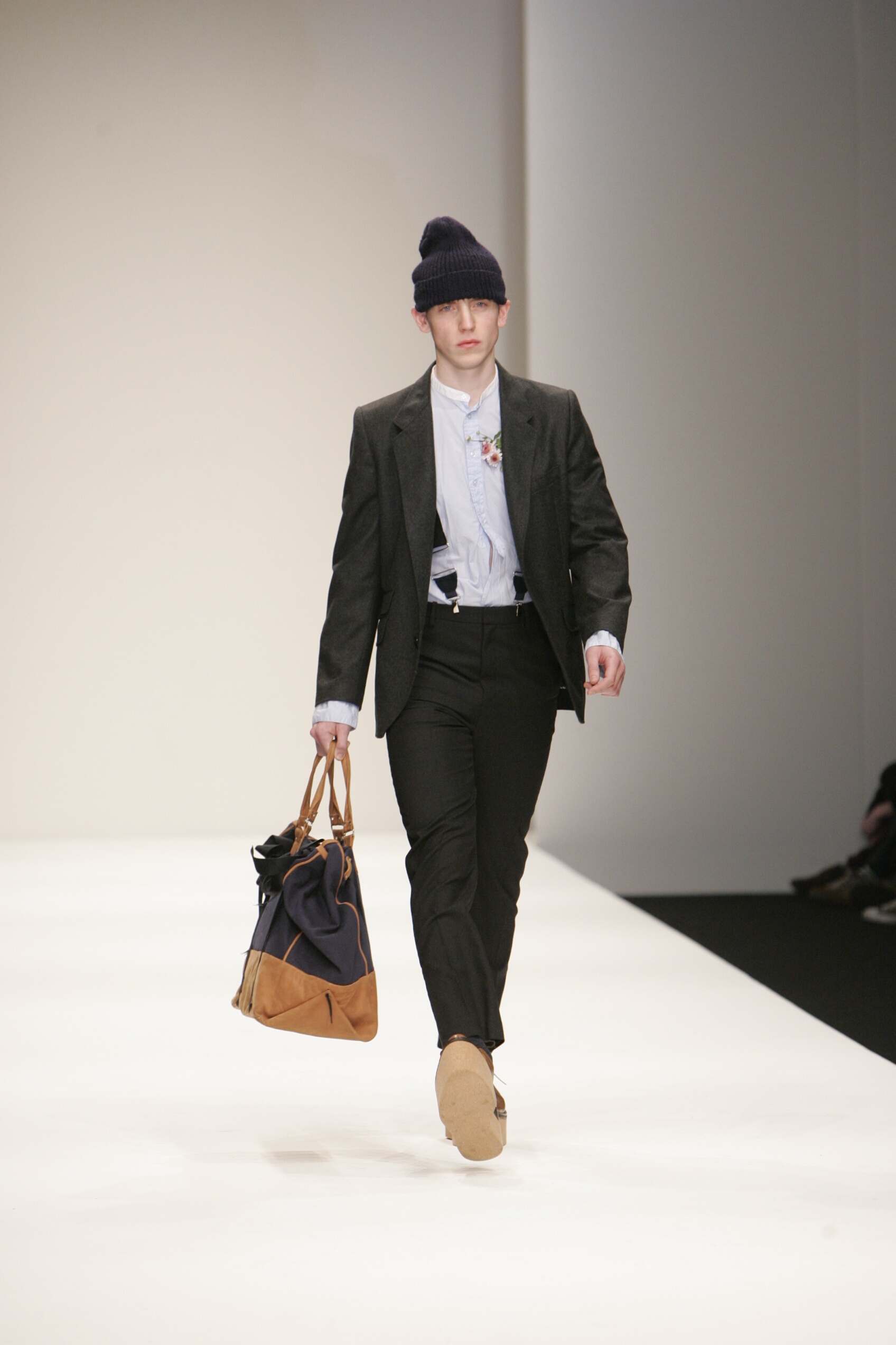 A model wears a look by Christoffer Lundman at the Central Saint Martins MA press show in 2005