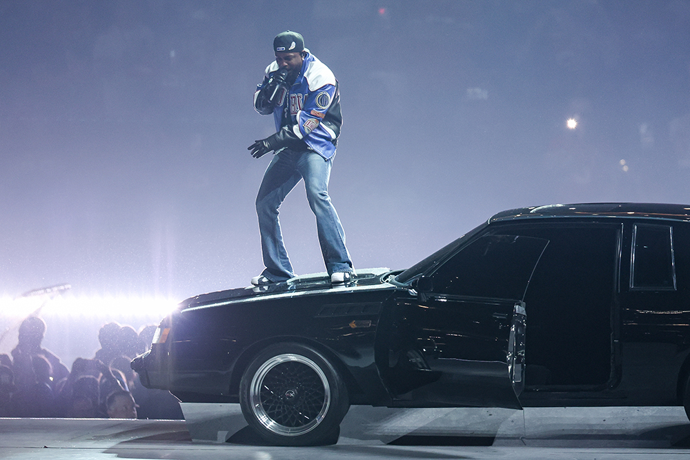 Kendrick Lamar performs at Super Bowl LIX on Feb. 9 in New Orleans, Celine, bootcut jeans, flares, Nike, Martine Rose