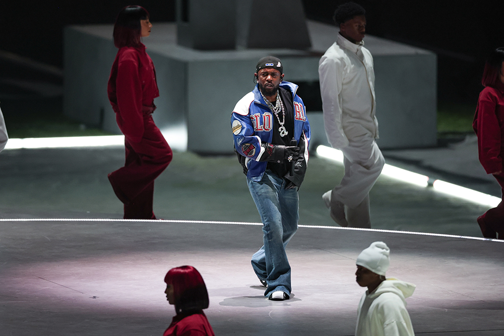 Kendrick Lamar performs at Super Bowl LIX on Feb. 9 in New Orleans, Celine, bootcut jeans, flares, Nike, Martine Rose