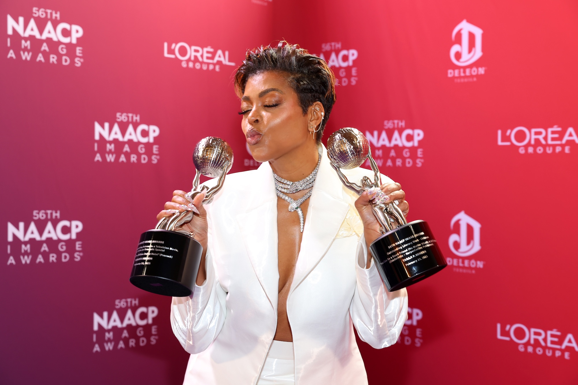 PASADENA, CALIFORNIA - FEBRUARY 22: Taraji P. Henson poses in the Trophy Lounge with her Image Awards at the 56th NAACP Image Awards at Pasadena Civic Auditorium on February 22, 2025 in Pasadena, California. (Photo by Leon Bennett/Getty Images for NAACP)