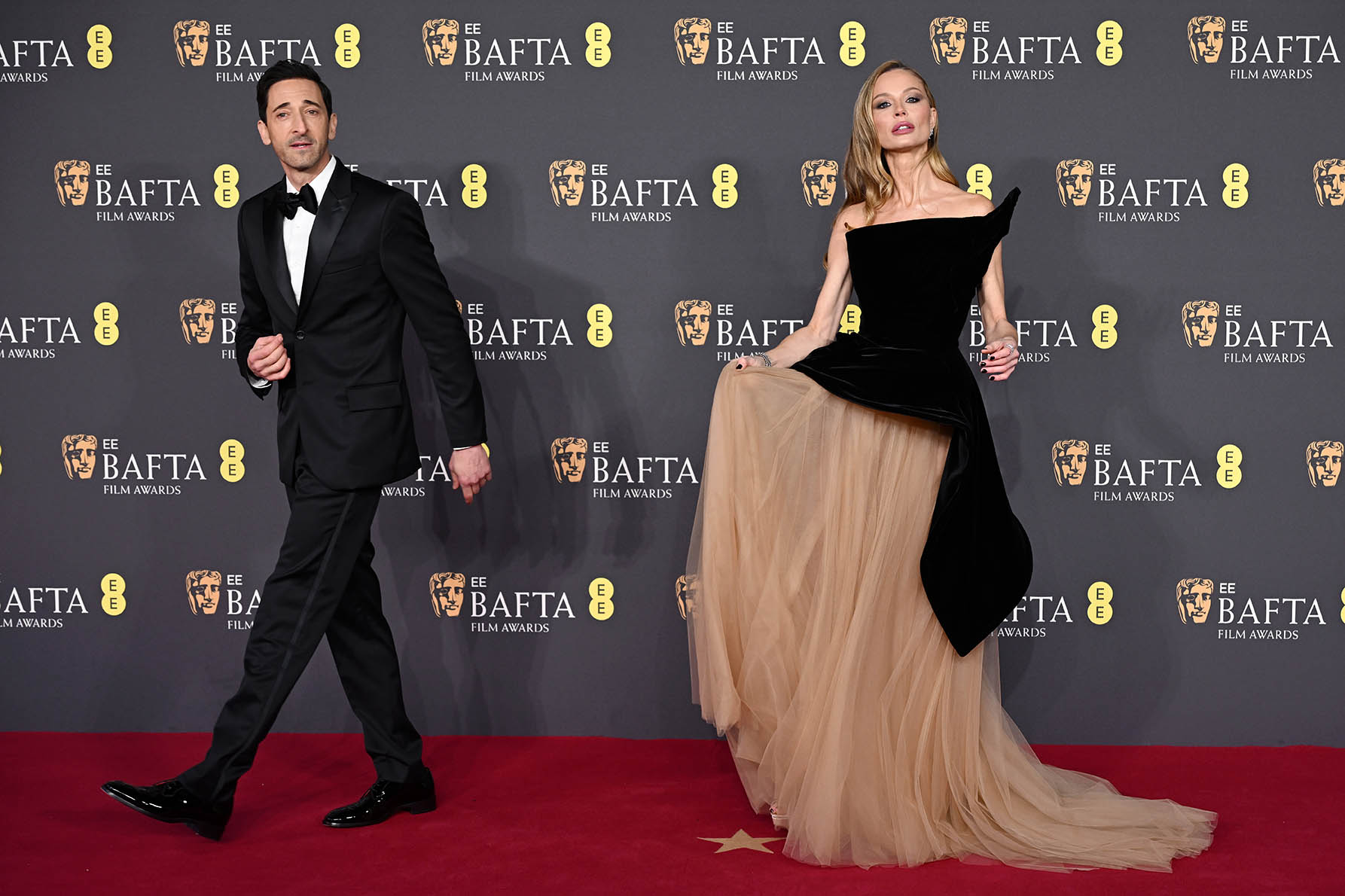 LONDON, ENGLAND - FEBRUARY 16: Adrien Brody and Georgina Chapman attend the 2025 EE BAFTA Film Awards at The Royal Festival Hall on February 16, 2025 in London, England. (Photo by Kate Green/Getty Images)