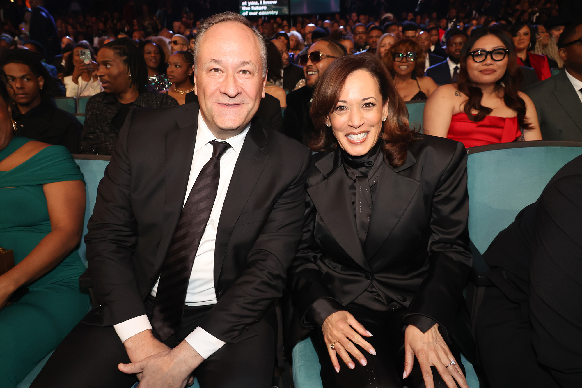 PASADENA, CALIFORNIA - FEBRUARY 22: (L-R) Doug Emhoff and Former Vice President Kamala Harris attend the 56th NAACP Image Awards at Pasadena Civic Auditorium on February 22, 2025 in Pasadena, California. (Photo by Johnny Nunez/Getty Images for BET)