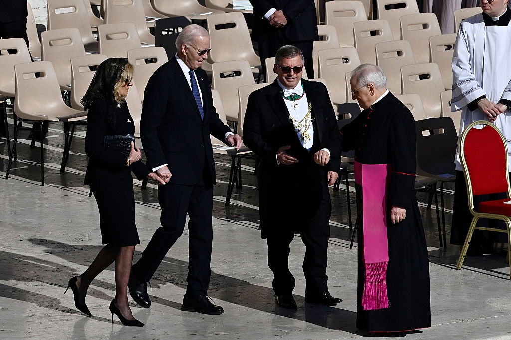 VATICAN CITY, VATICAN - APRIL 26: Former U.S. First Lady Jill Biden and Former U.S. President Joe Biden arrive at the funeral of Pope Francis in St. Peter’s Square on April 26, 2025 in Vatican City, Vatican. Pope Francis died on April 21st at the age of 88. Born in Argentina as Jorge Mario Bergoglio, he was the first Latin American and the first Jesuit to become Pope when elected in 2013. Taking the name Francis after St Francis of Assisi, he promoted a more humble version of the papacy than many of his predecessors. He will be buried outside of the Vatican in a simple wooden coffin at the Basilica Santa Maria Maggiore.  (Photo by Antonio Masiello/Getty Images)