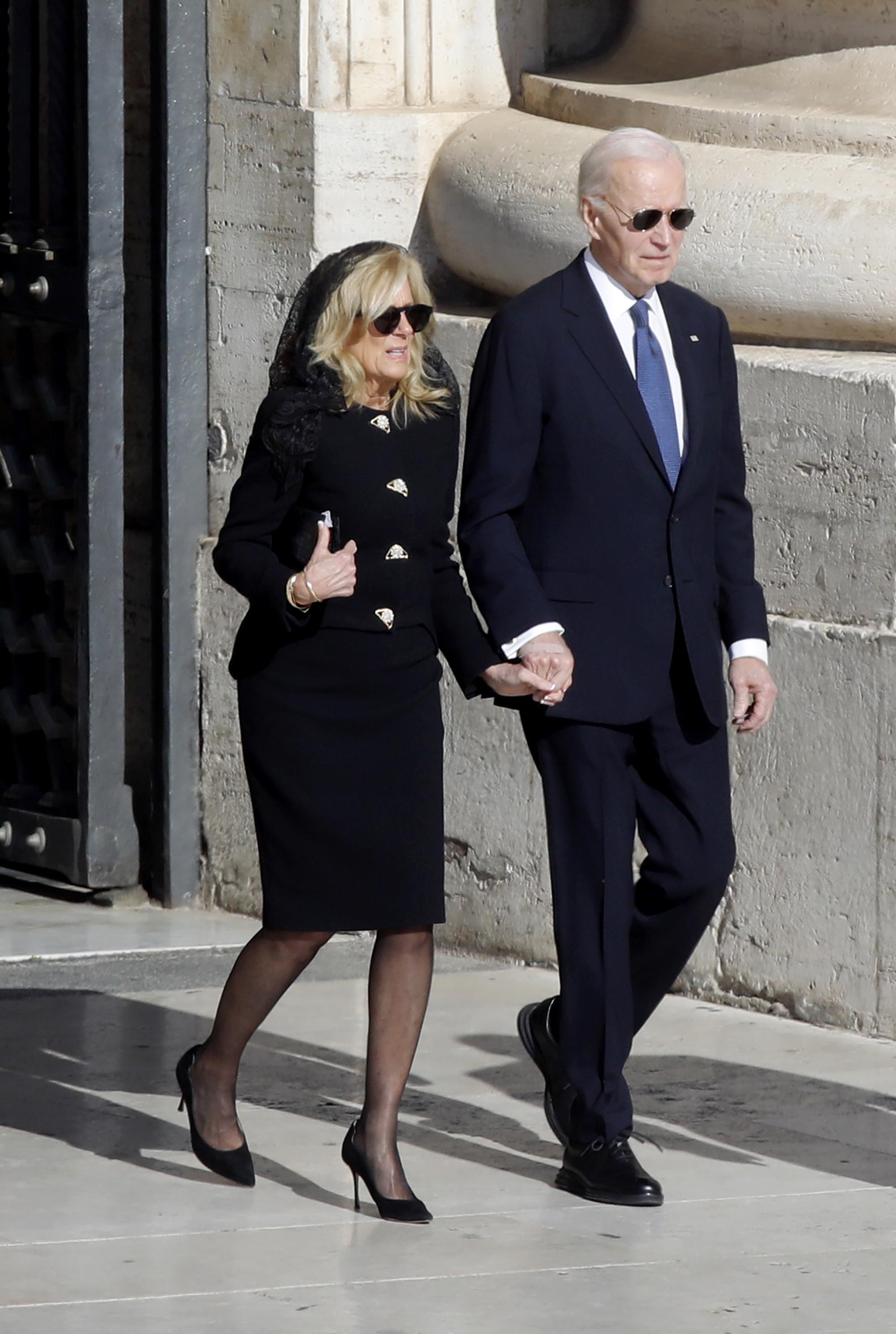 VATICAN CITY - APRIL 26,2025: US former President Joe Biden and former First Lady Jill Biden arrive for late Pope Francis' funeral ceremony at St Peter's Square in The Vatican (Photo credit should read Marco Ravagli/Future Publishing via Getty Images)