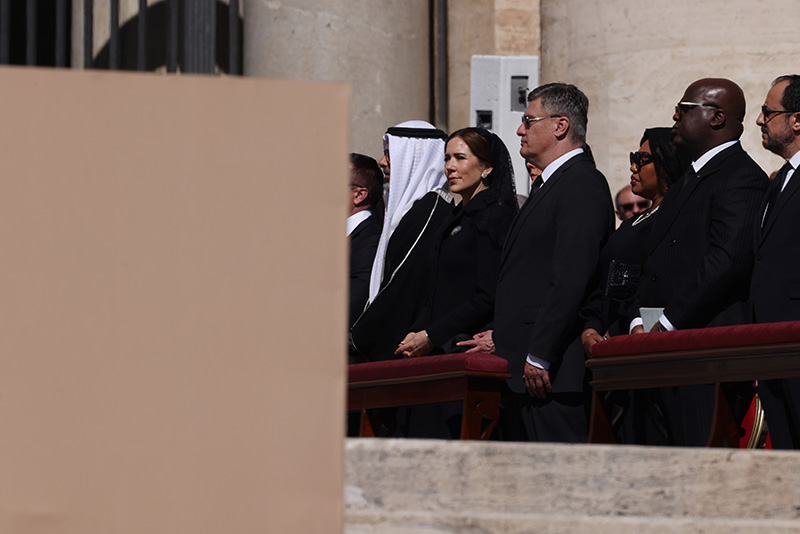 VATICAN CITY, VATICAN - APRIL 26: His Highness Abu Dhabi's Crown Prince of the United Arab Emirates Sheikh Khaled Bin Mohammed Bin Zayed Al Nahyan and Queen Mary Of Denmark attend the funeral of Pope Francis in St. Peter’s Square on April 26, 2025 in Vatican City, Vatican. Pope Francis died on April 21st at the age of 88. Born in Argentina as Jorge Mario Bergoglio, he was the first Latin American and the first Jesuit to become Pope when elected in 2013. Taking the name Francis after St Francis of Assisi, he promoted a more humble version of the papacy than many of his predecessors. He will be buried outside of the Vatican in a simple wooden coffin at the Basilica Santa Maria Maggiore.  (Photo by Franco Origlia/Getty Images)