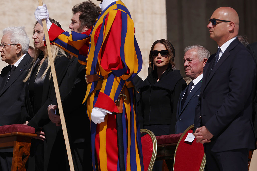 VATICAN CITY, VATICAN - APRIL 26: (L-R) Italian President Sergio Mattarella, Argentina's General Secretary of the Presidency Karina Milei, Argentina's President Javier Milei, Queen Rania Of Jordan and King Abdullah II of Jordan attend the funeral of Pope Francis in St. Peter’s Square on April 26, 2025 in Vatican City, Vatican. Pope Francis died on April 21st at the age of 88. Born in Argentina as Jorge Mario Bergoglio, he was the first Latin American and the first Jesuit to become Pope when elected in 2013. Taking the name Francis after St Francis of Assisi, he promoted a more humble version of the papacy than many of his predecessors. He will be buried outside of the Vatican in a simple wooden coffin at the Basilica Santa Maria Maggiore.  (Photo by Franco Origlia/Getty Images)