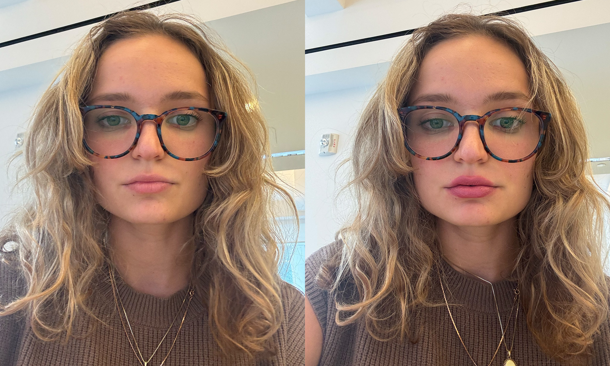 two side-by-side images of Stacia Datskovska without the Lancome lip balm and with it on, wearing glasses and layered necklaces