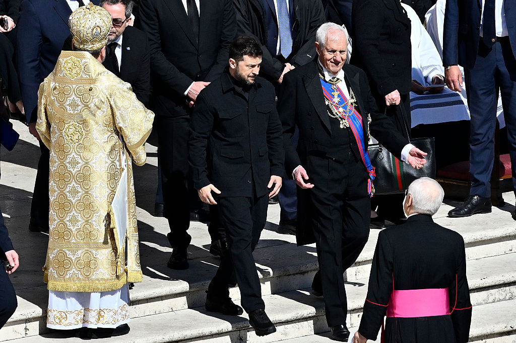 VATICAN CITY, VATICAN - APRIL 26: Ukraine's President Volodymyr Zelensky arrives at the funeral of Pope Francis in St. Peter’s Square on April 26, 2025 in Vatican City, Vatican. Pope Francis died on April 21st at the age of 88. Born in Argentina as Jorge Mario Bergoglio, he was the first Latin American and the first Jesuit to become Pope when elected in 2013. Taking the name Francis after St Francis of Assisi, he promoted a more humble version of the papacy than many of his predecessors. He will be buried outside of the Vatican in a simple wooden coffin at the Basilica Santa Maria Maggiore.  (Photo by Antonio Masiello/Getty Images)