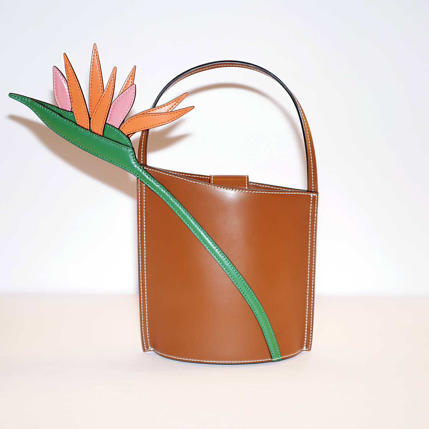 WWD shopping editors test the Staud Bird of Paradise Bucket Bag in brown on white backdrop