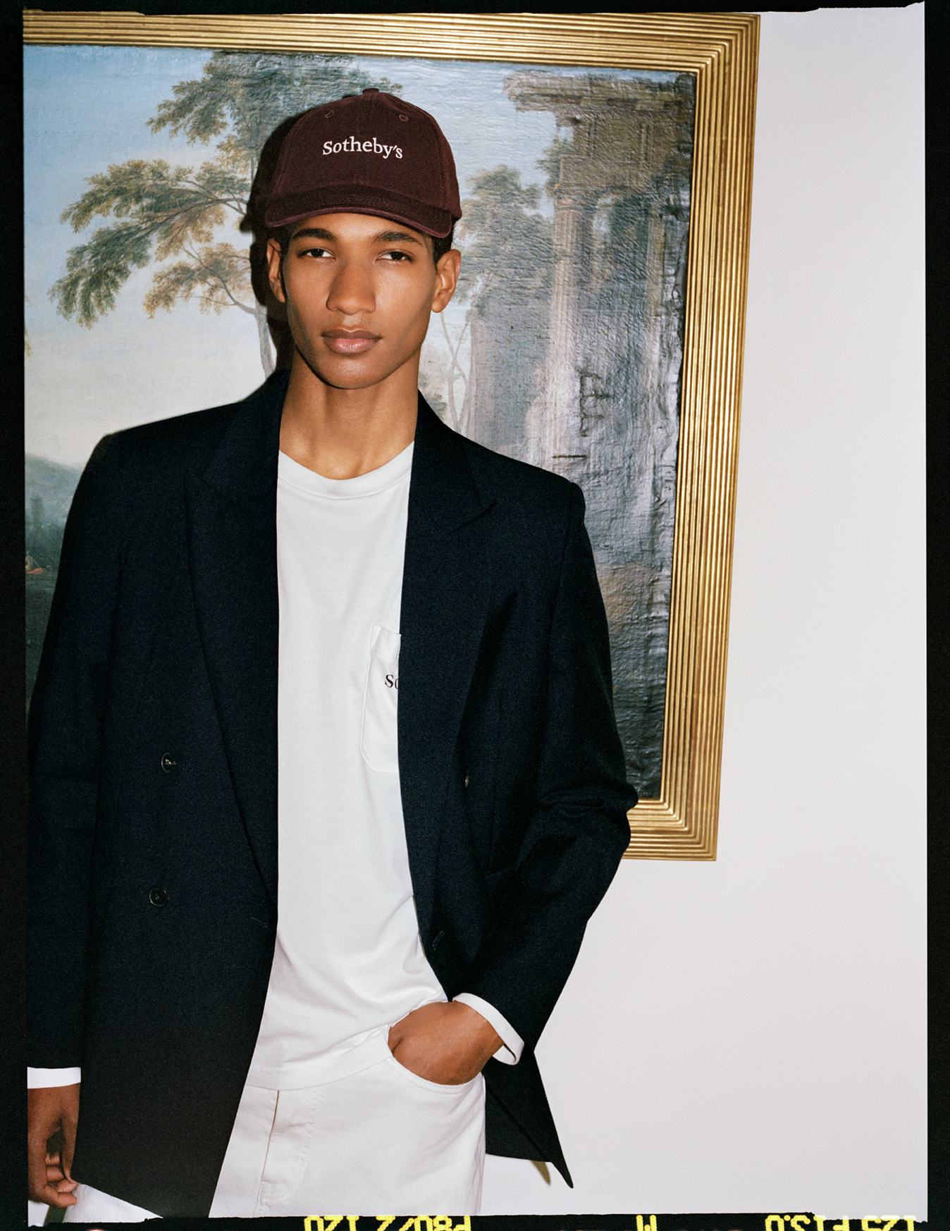 A men's wear look from Frame x Sotheby's collaboration.