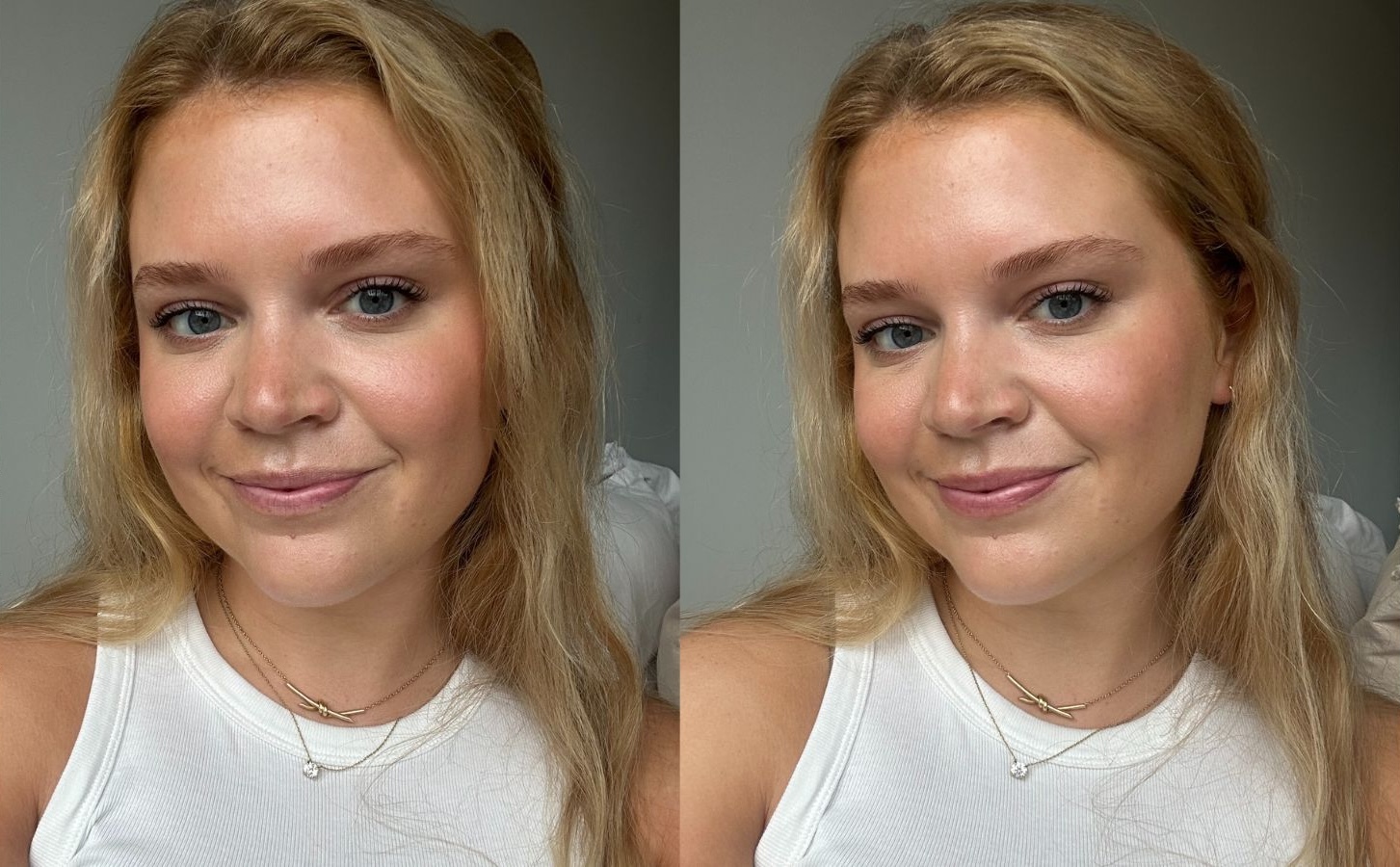 Before and after image of WWD editor testing Clinique Almost Lipstick in Pink Honey