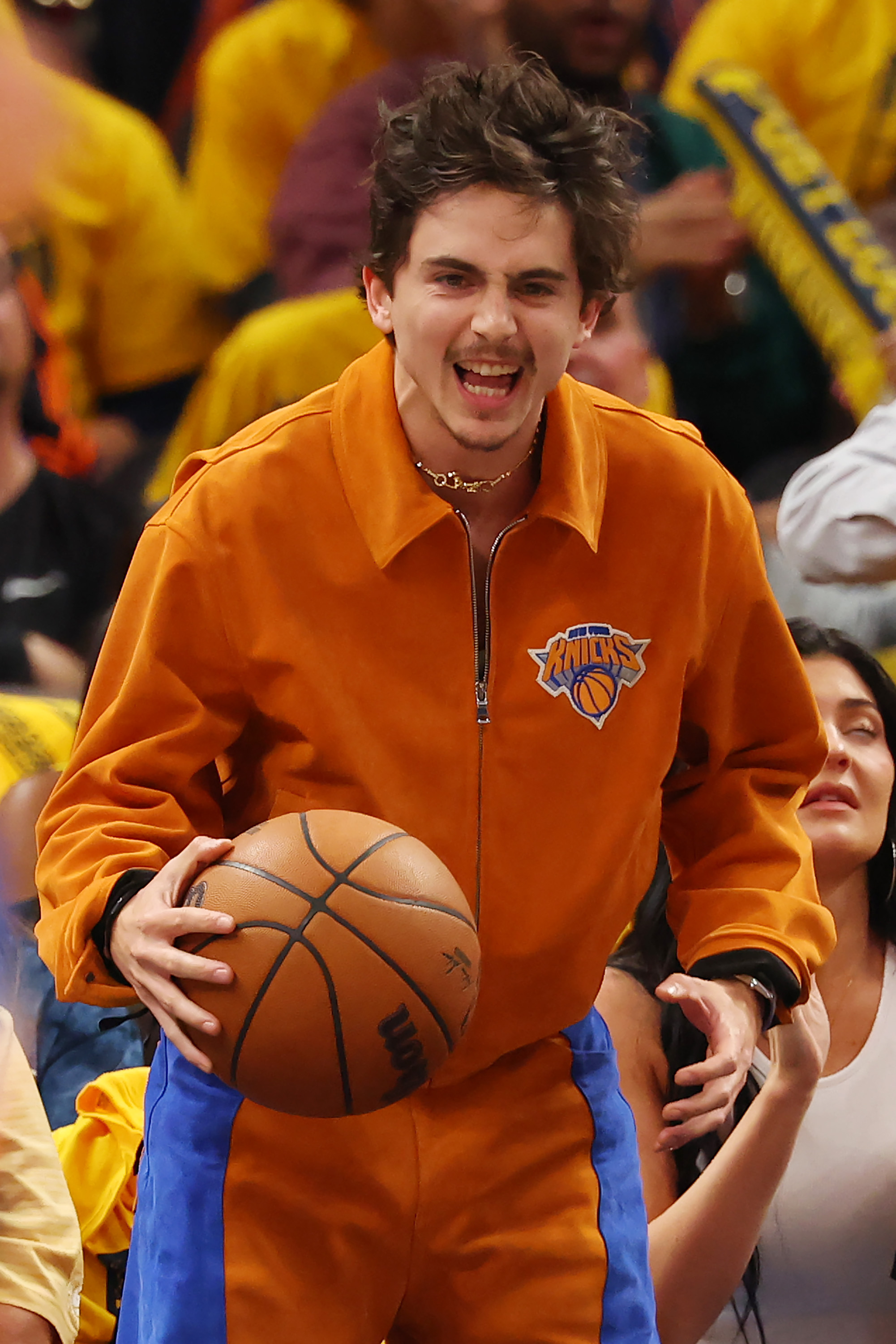 INDIANAPOLIS, INDIANA - MAY 31:  Timothee Chalamet attends Game Six of the Eastern Conference Finals of the 2025 NBA Playoffs between the New York Knicks and the Indiana Pacers at Gainbridge Fieldhouse on May 31, 2025 in Indianapolis, Indiana. NOTE TO USER: User expressly acknowledges and agrees that, by downloading and or using this photograph, User is consenting to the terms and conditions of the Getty Images License Agreement. (Photo by Gregory Shamus/Getty Images)