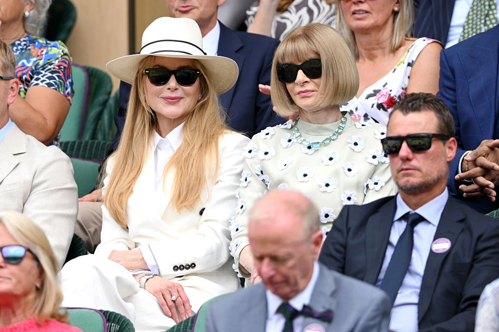 LONDON, ENGLAND - JULY 13: Nicole Kidman and Anna Wintour attend day fourteen of the Wimbledon Tennis Championships at the All England Lawn Tennis and Croquet Club at All England Lawn Tennis and Croquet Club on July 13, 2025 in London, England. (Photo by Karwai Tang/WireImage)