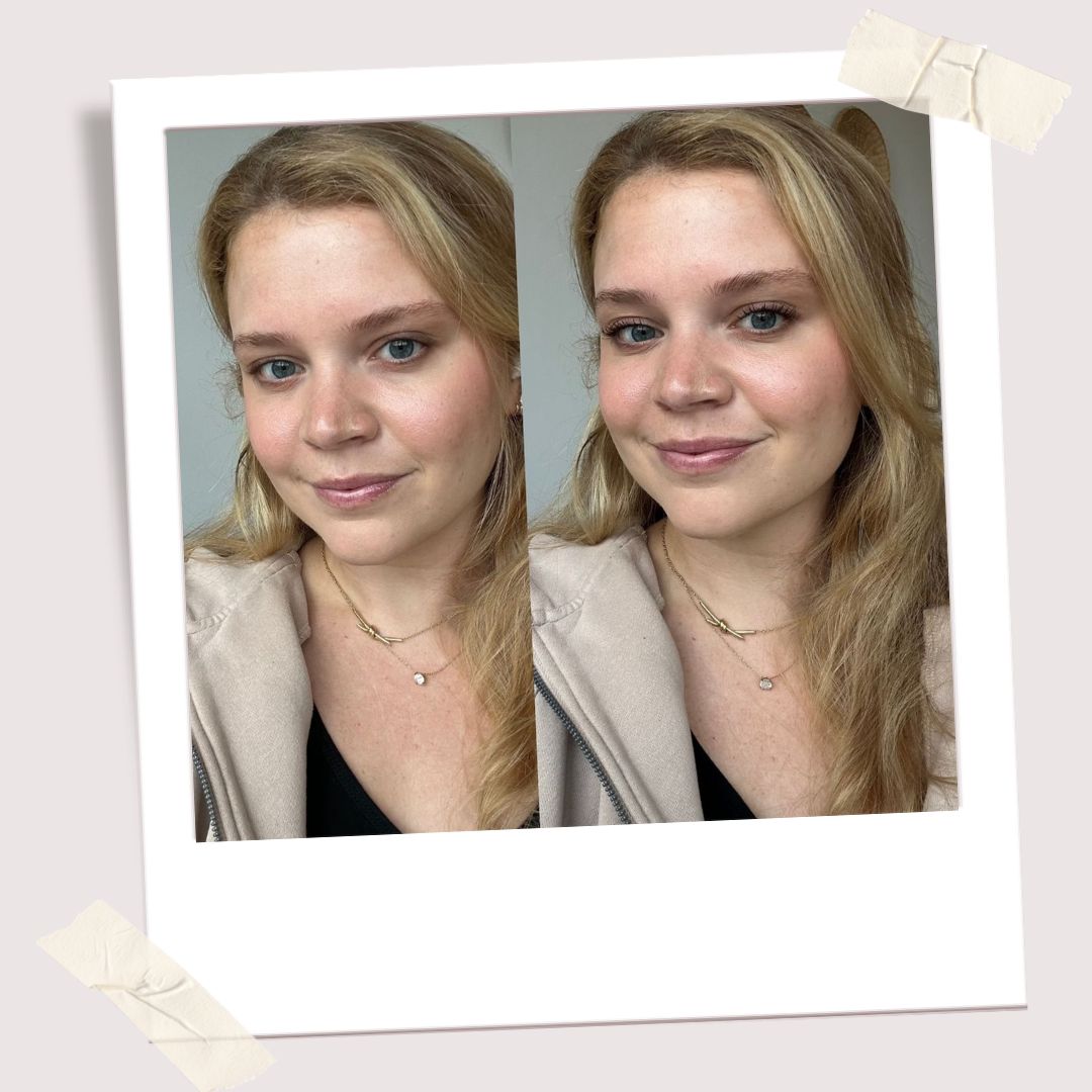 Writer Claire Sullivan before and after two coats of Hourglass' new brown tubing mascara.