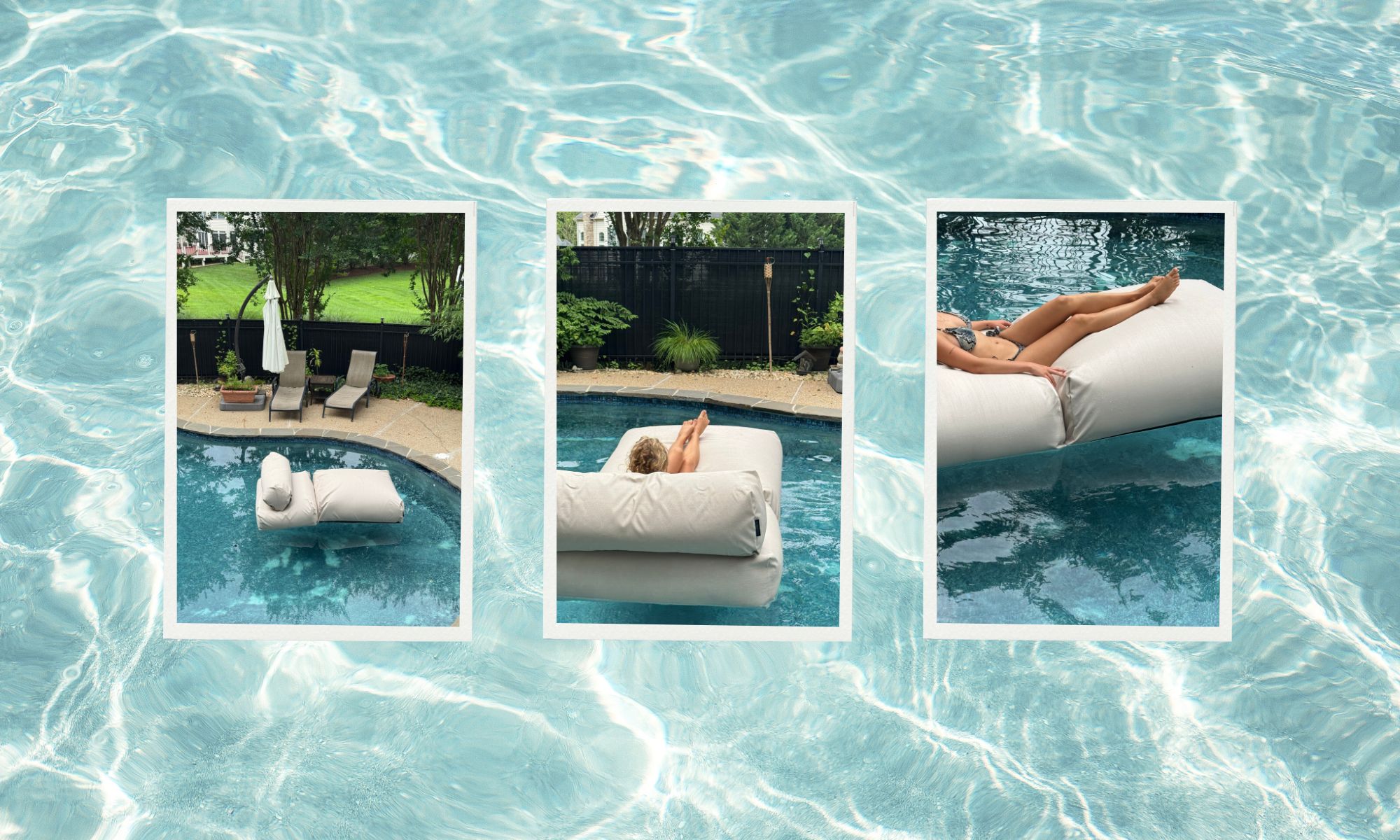 writer testing out a pool lounger in three separate photos, overlaid on a pool background