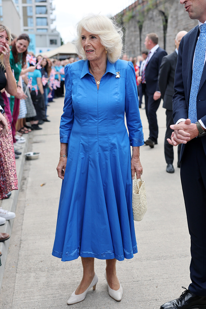 LONDON, ENGLAND - JULY 14: Queen Camilla during a visit to unveil the new RHS and BBC Radio 2 'Dog Garden', designed by Monty Don at Battersea Dogs & Cats Home on July 14, 2025 in London, England. (Photo by Chris Jackson/Getty Images)