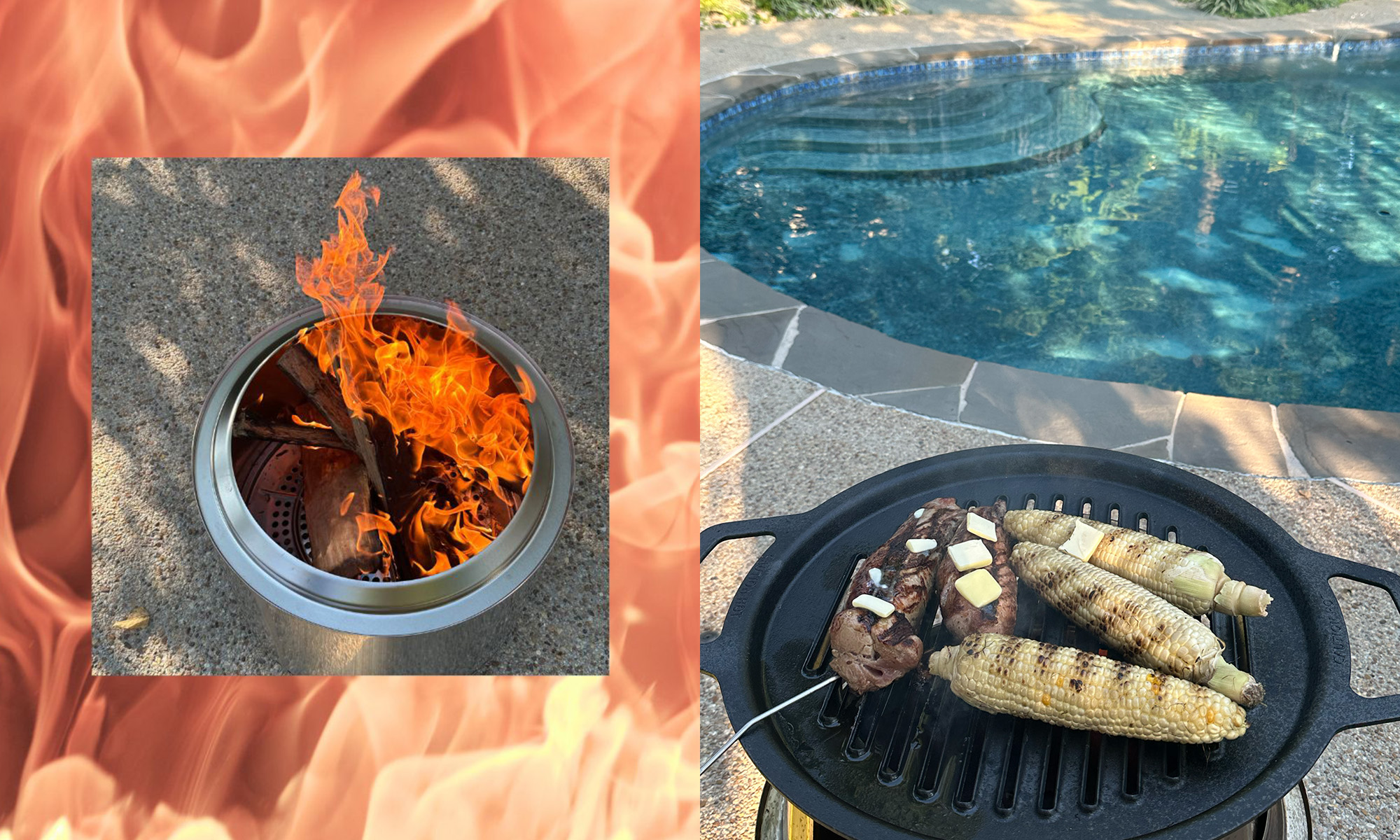 pictures taken by writer of the solo stove's flames and grill top attachment, with meat and corn on top.