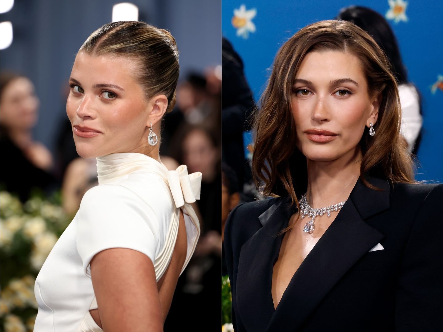 sofia richie and hailey bieber wear brown mascara on red carpet