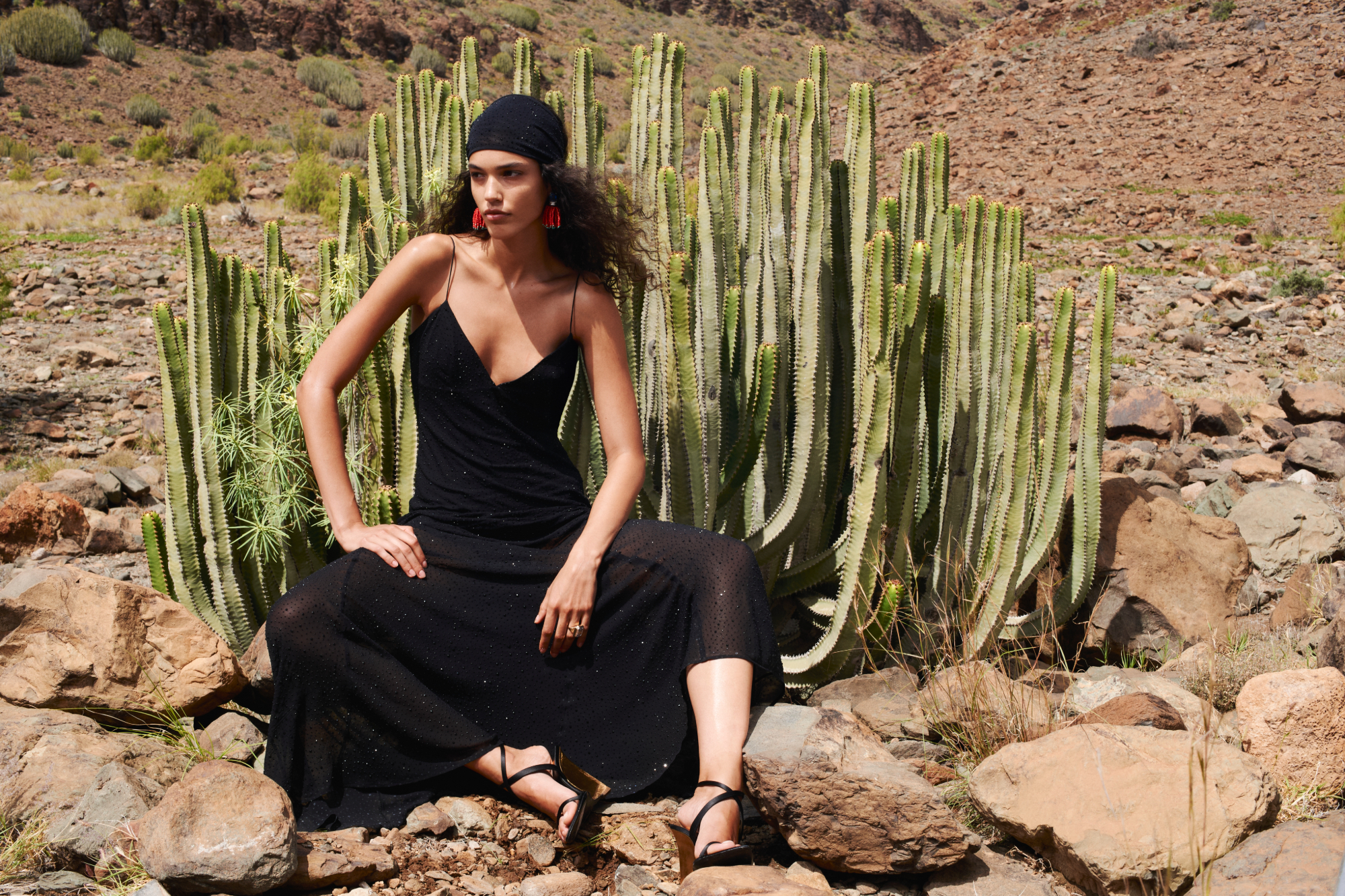 A model wearing Rat & Boa's sheer black Franzisca dress